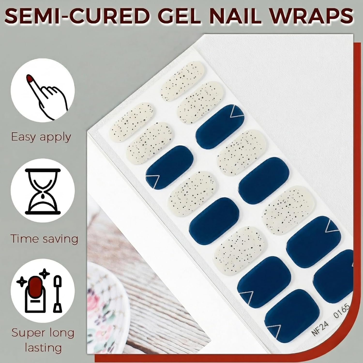 32Pcs Semi Cured Gel Nail Strips,Navy Blue & Milky White Speckled Glitter Gel Nail Wraps, Works with Any UV Lamps, Salon Quality Long Lasting Nail Stickers