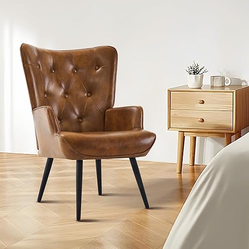 Miniatura 6 de Furnimart Silla decorativa de piel sintética moderna de mediados de siglo; cómodo sillón para ocio, tocador de invitados, silla con respaldo alado