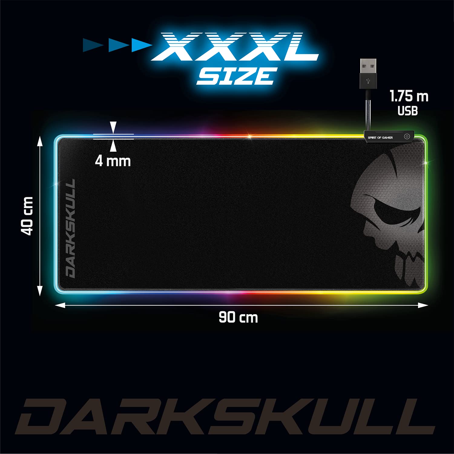 Duża podkładka pod mysz gamingową RGB XXXL (900 x 400 mm) + koncentrator z 4 portami USB w zestawie | 12 trybów podświetlenia | antypoślizgowy gumowy spód | podświetlana dioda LED, ergonomiczna