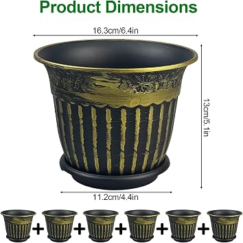 6Pcs 16.3cm/6.4-in Plastic Plant Pots Indoor Outdoor Vintage Flower Pots Classic European Style Decorative Planters with Drainage Holes and Saucers