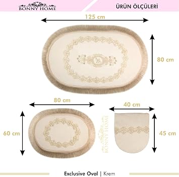Exclusive Oval Krem Püsküllü 3lü Klozet Takımı Çeyizlik Banyo Halısı Paspası Seti