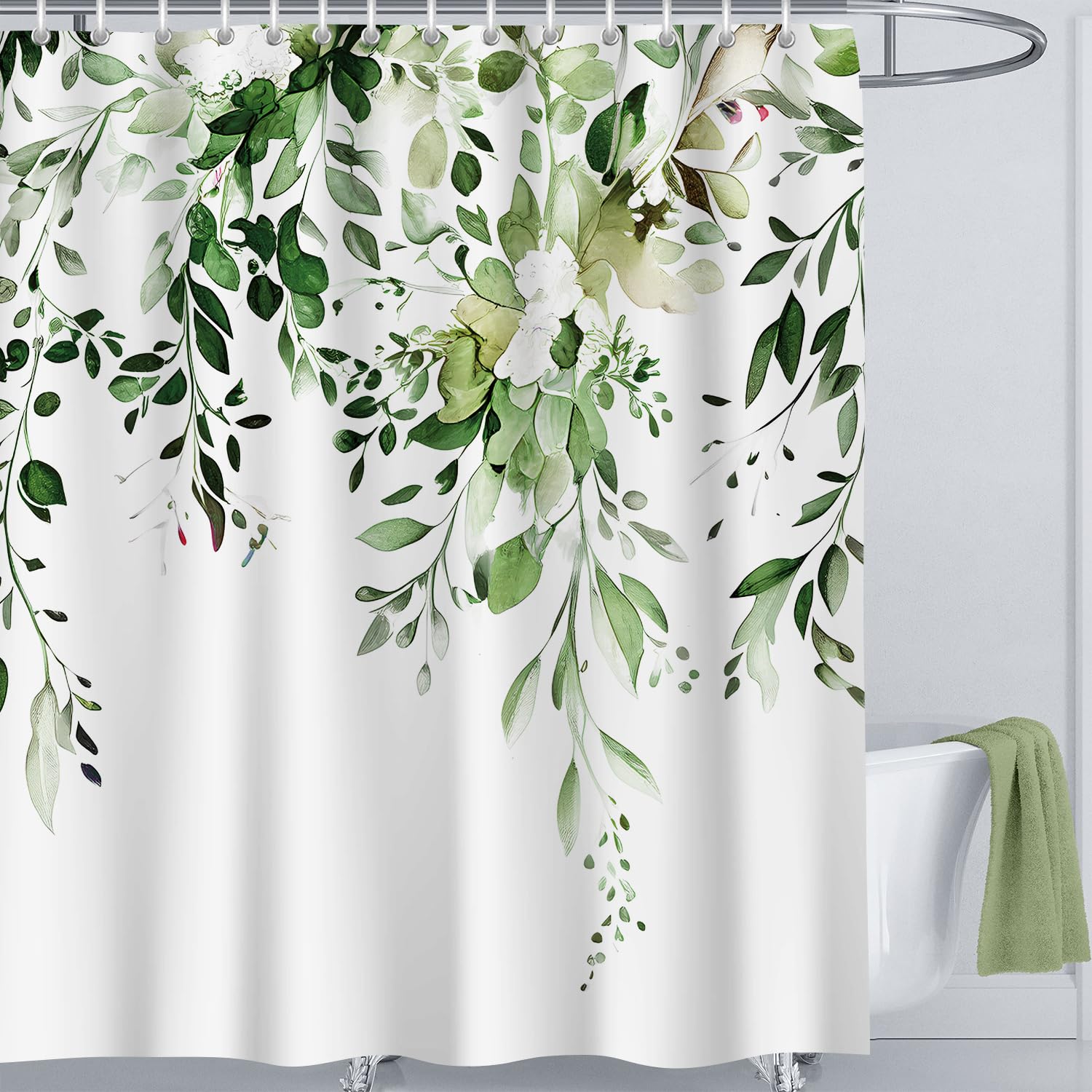 LIVETTY Shower Curtains Green Leaves Shower Curtain Extra Long Bath Curtain for Bathroom 200x200 cm Quick-Drying Kitchen Curtains Mould Proof Washable With 12 Hooks