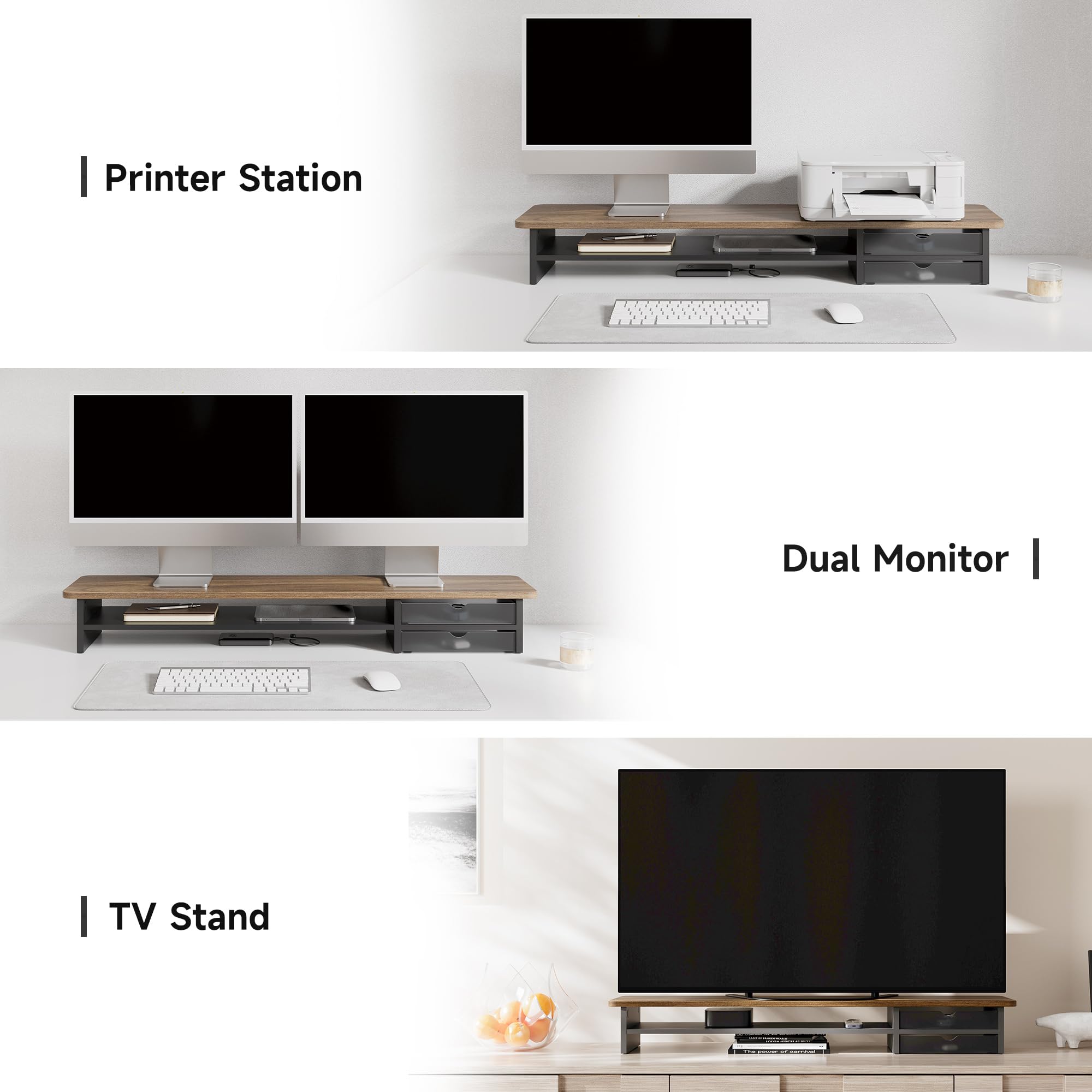 Fenge Supporto per Doppio Monitor con 2 Acrilico Cassetti, Supporto per Monitor in Legno per PC/Laptop/stampante 108x23,5x14cm (Marrone+Nero)