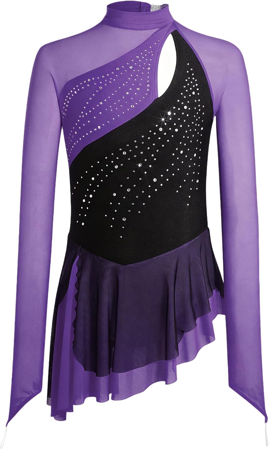 Linjinx Figure Ice Skating Dress for Girls Sparkly Rhinestone Long Sleeve Mesh Tulle Skirted Leotard Ballet Dancewear