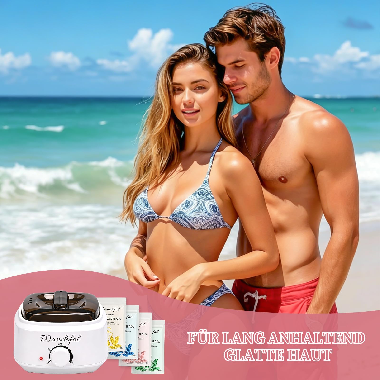 Waxing Set Wax Maschine - Warmwachs Haarentfernung Waxing Kit mit 4X100g Waxing Perlen, Silikonschale, Holzspateln - Wachswärmer Wachskocher für Gesicht, Körper & Intimbereich