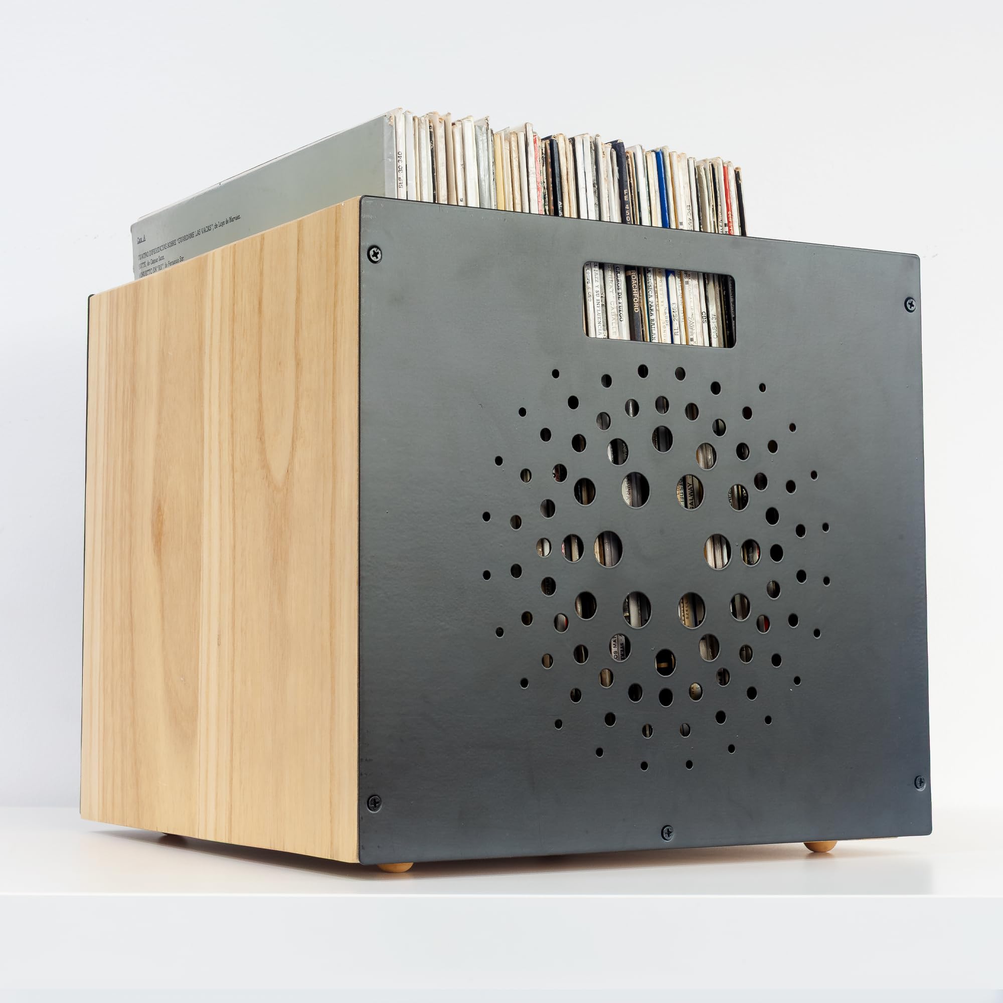 Schallplatten Aufbewahrung | Schallplatten Box aus Walnussholz Und Kohlenstoffstahl | Vinyl Storage für 50 LPs | LP Stand | Stapelbarer Record Holder | Schallplattenständer Holz