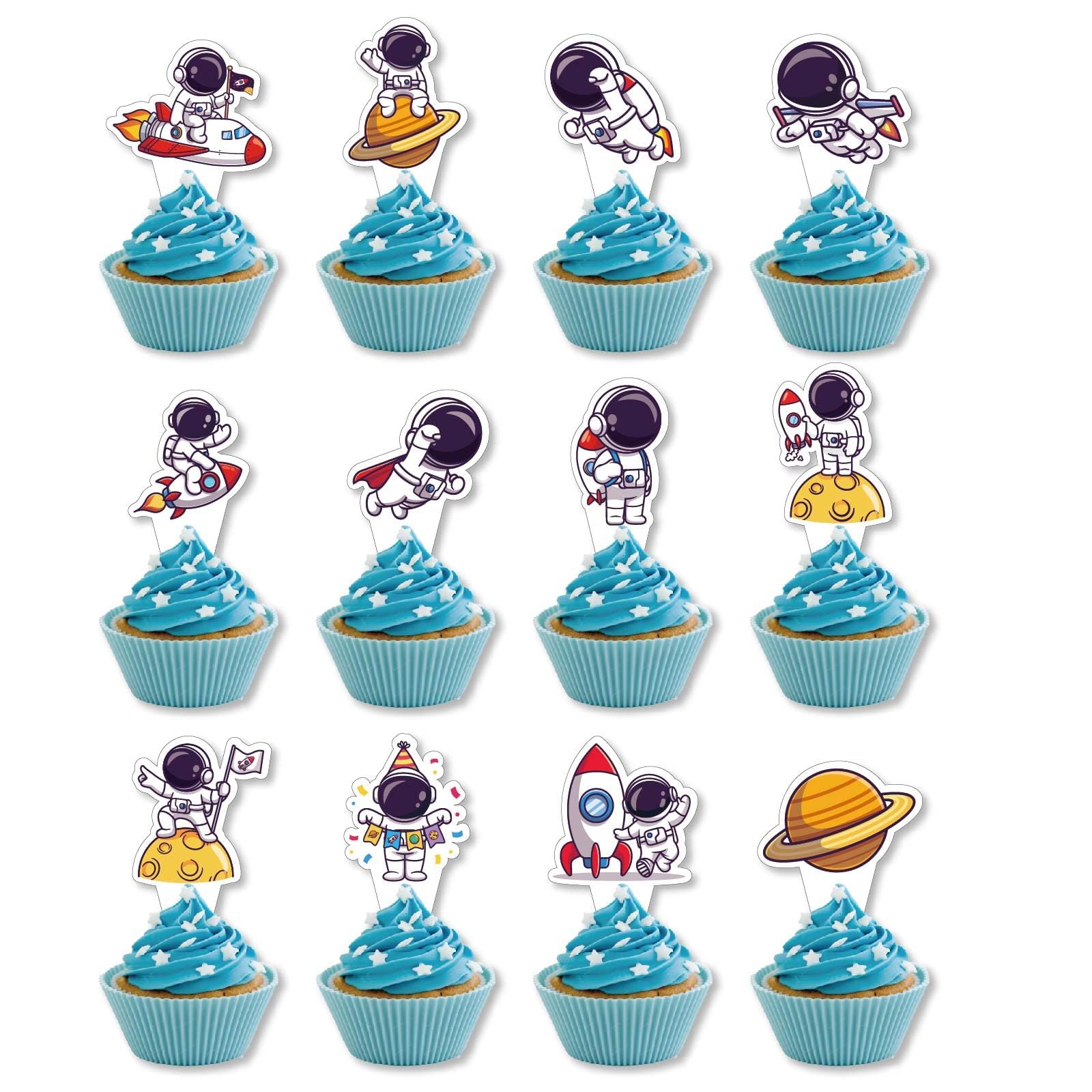 24Pcs Space Astronaut Cupcake Toppers Rocket Astronaut Spaceship Planet Cupcake Picks First Trip to The Moon Space Cake Decorations for Boys Girls Birthday Baby Shower Space Birthday Party Decorations
