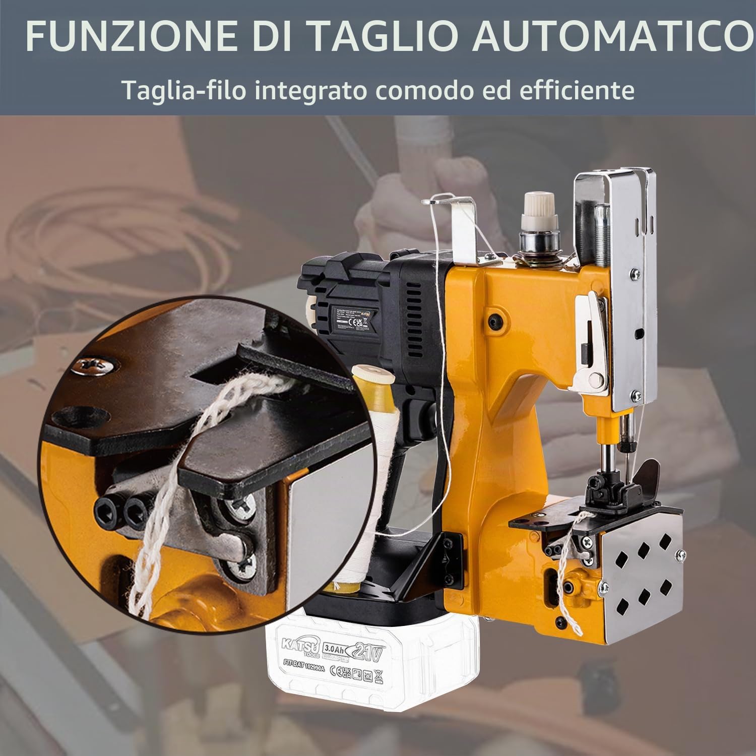 KATSU FIT-BAT - Macchina per cucire senza spazzole, senza fili, 18/21 V, portatile, per tessuti, sacchetti, carta, sacchetti di plastica, senza batteria e caricabatterie
