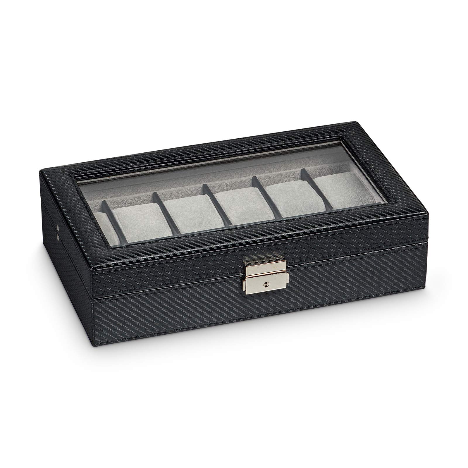 Hermann Jäckle - Uhrenbox Dinkelsbühl I Uhren-Box für 12 Uhren I Uhrenbox Lederimitat I Uhrenkasten Lederimitat carbonoptik schwarz I Uhrenaufbewahrung I Uhrenbox für Armbanduhren I abschließbar