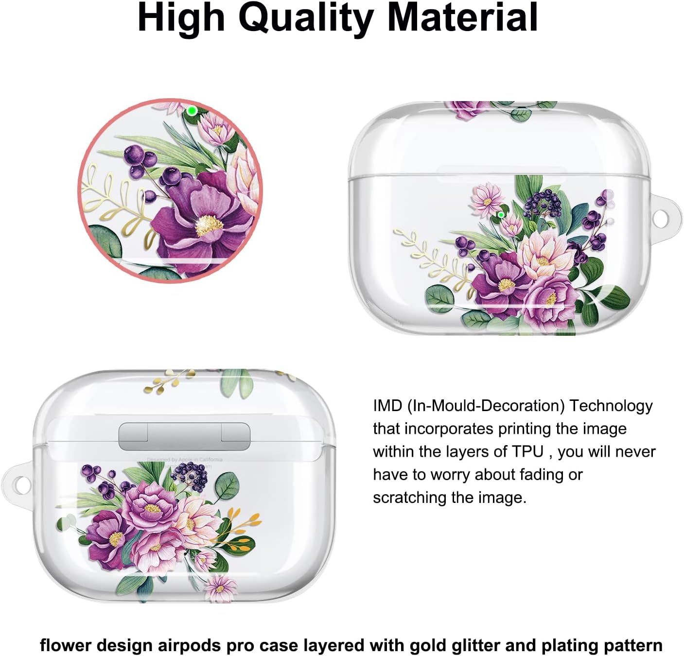 JAHOLAN AirPods Pro Case Cover, Flower Clear Case Cute Protective Soft Shockproof Cover with Keychain for Women Girls Compatible with AirPods Pro Wireless Charging Case - Blossom Purple