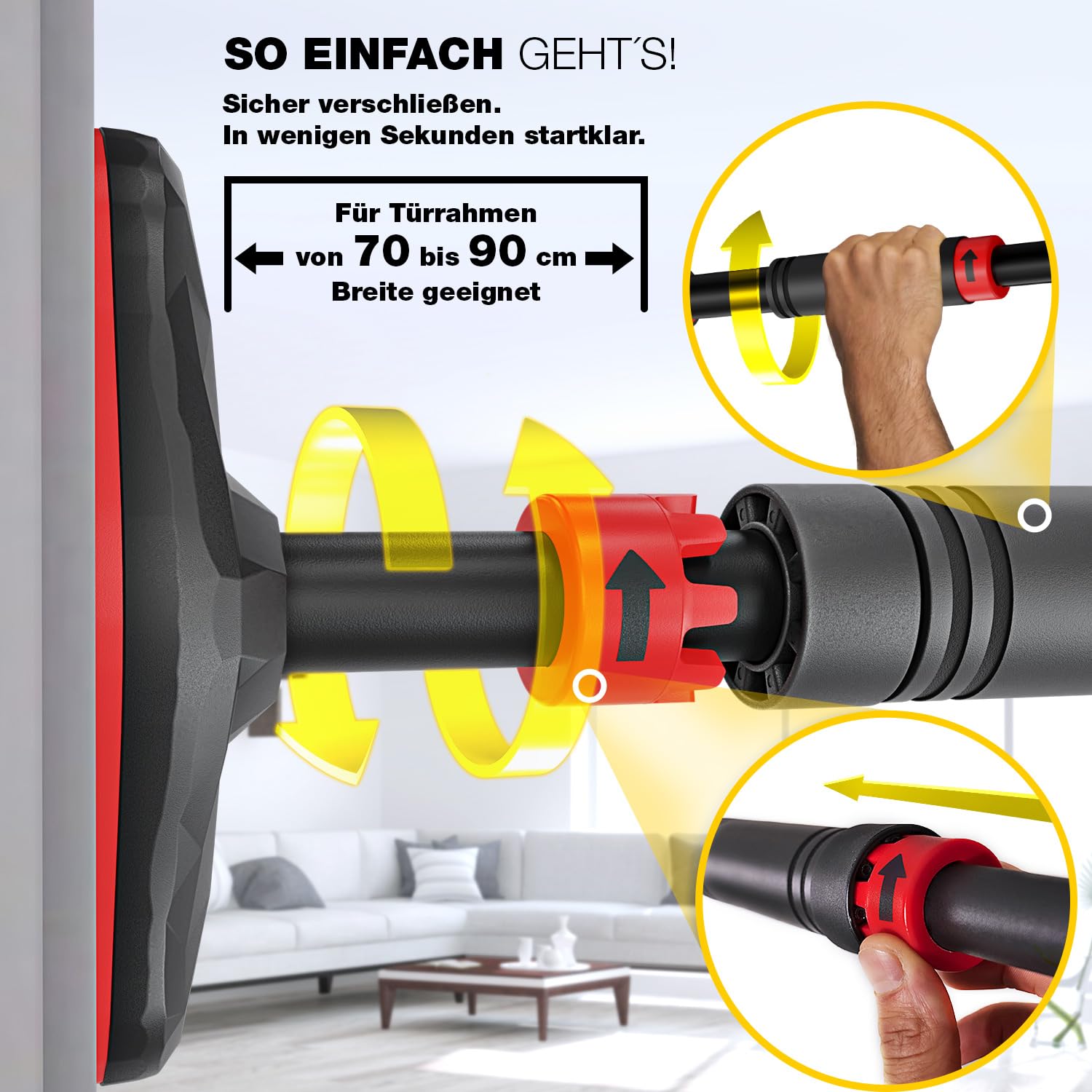Klimmzugstange Türrahmen ohne Schrauben – Pull Up Bar mit Gear-Lock | bis 150/200 kg, anpassbar bis 90 cm | Türreck für Klimmzüge, Dips & Calisthenics zuhause | SPORTSTECH KS260 / KS270 inkl. eBook