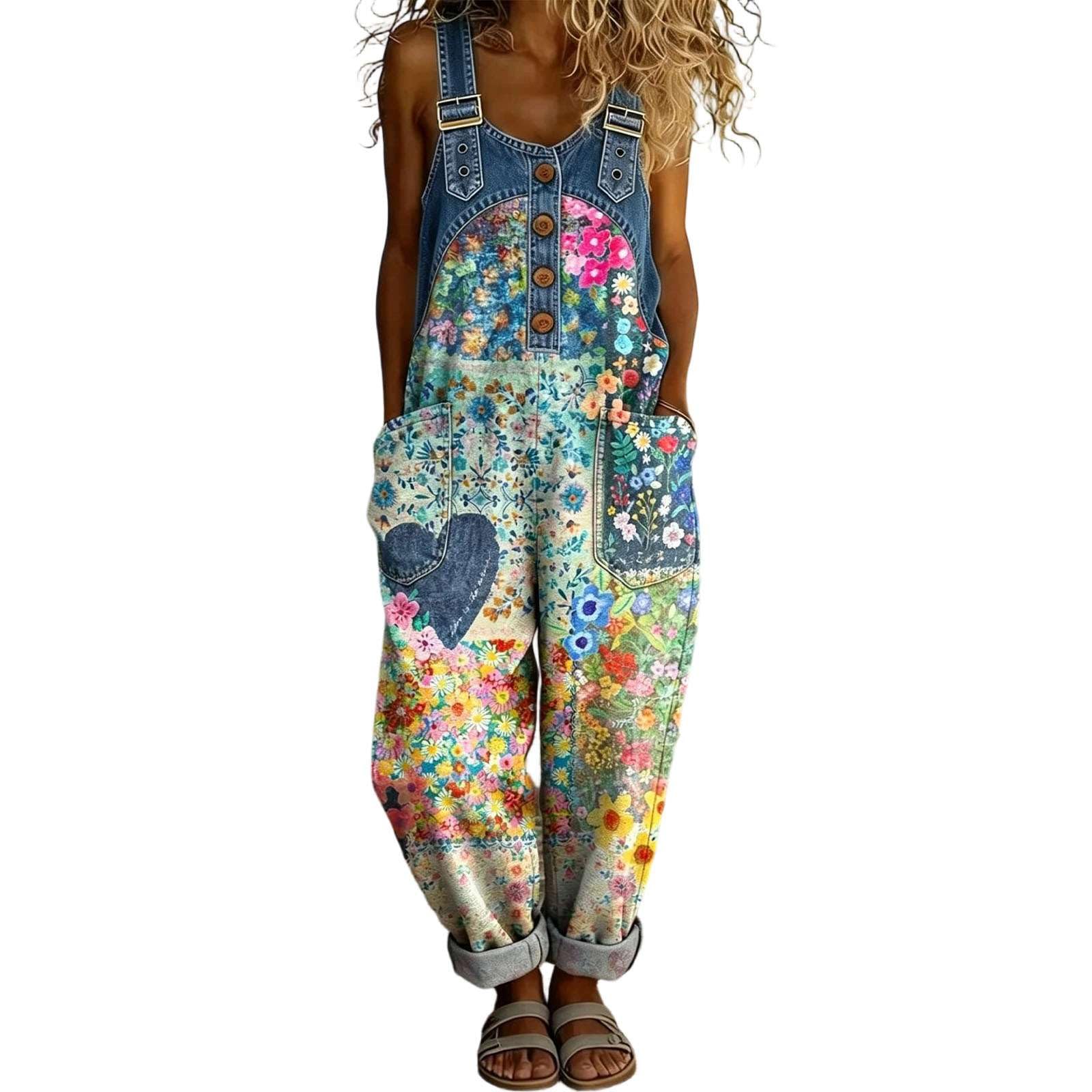 Jeans Latzhosen für Damen Bunte Jumpsuits Patchwork Muster Floral Oversize Hosen Romper Lässiger Bauch Kaschieren Streetwear Y2K Mode Denim Style Leichte Atmungsaktive Freizeithose