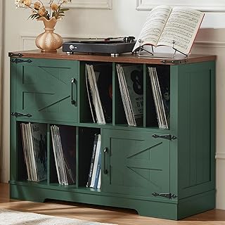 LELELINKY Großer 1m-Plattenspieler-Ständer mit Aufbewahrung, Plattenständer mit Scheunentür, Plattenregal mit Aufbewahrung für bis zu 300 Alben, Vinylplatten-Halterung für Musikzimmer, Grün