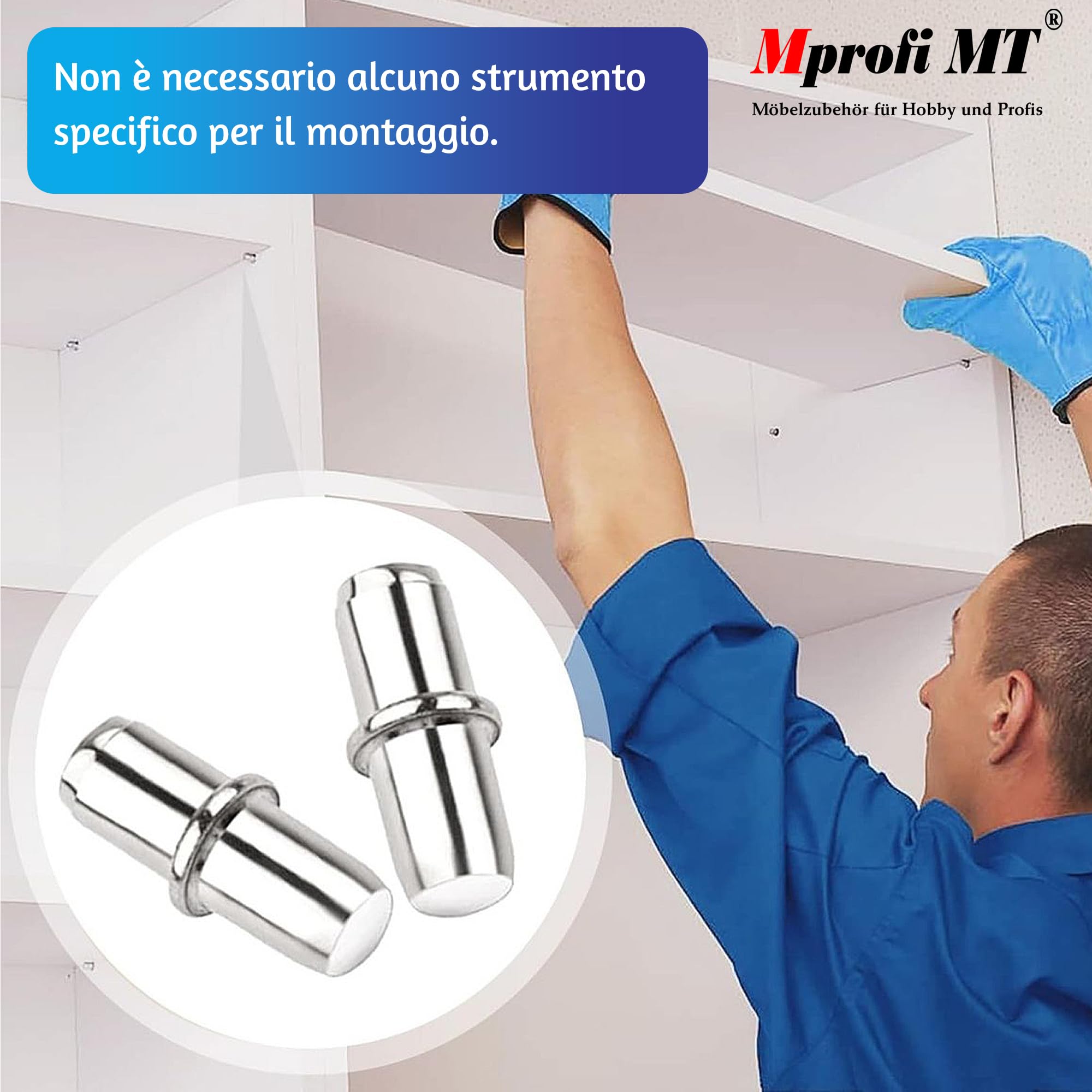 Mprofi MT® 200 Pezzi | Perni di Supporto per Ripiani Ø5mm | Reggimensola con Anello in Acciaio Zincato per Armadi, Mobili e Scaffali | Supporti per Mensole e Ripiani in Legno