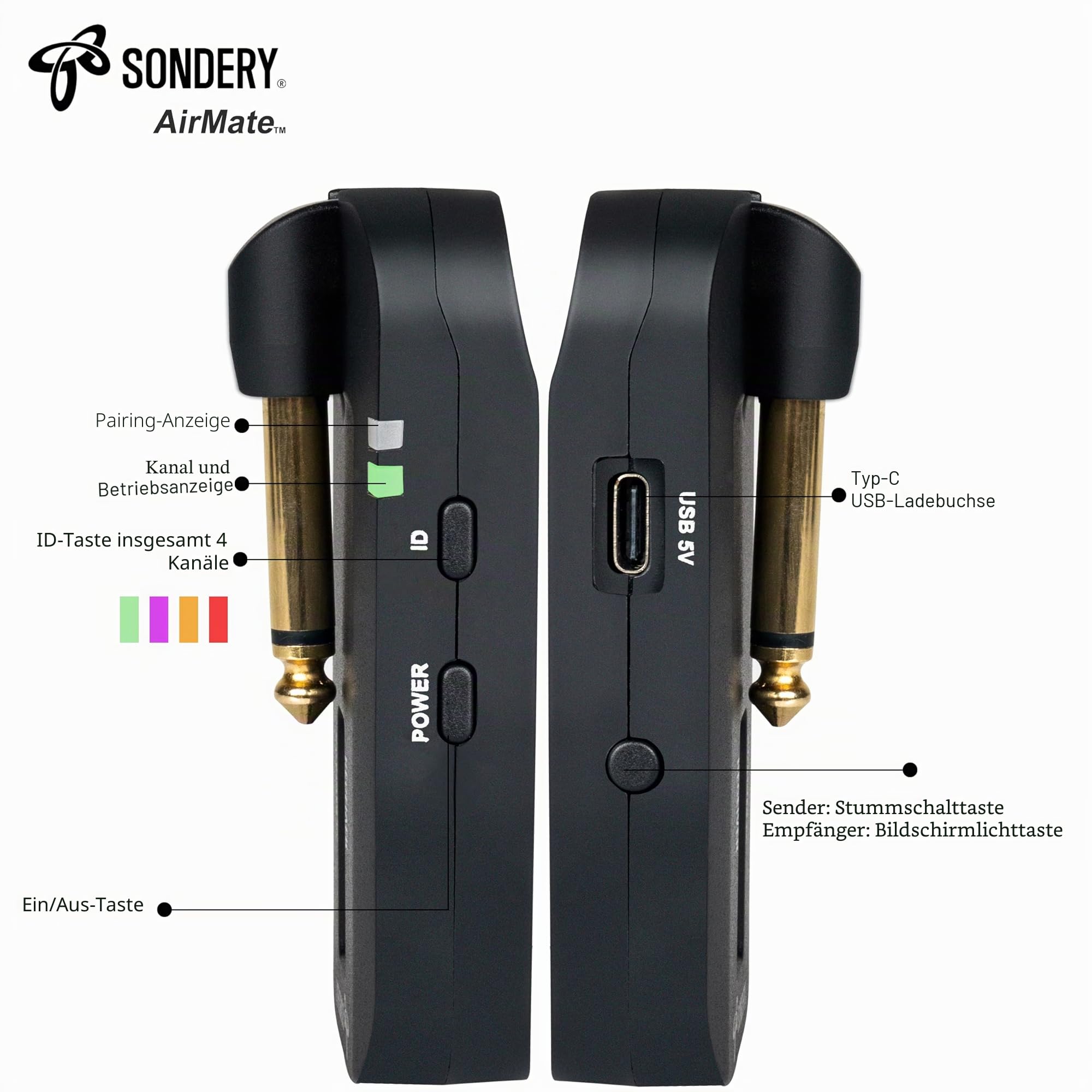 Sondery Kabellos 5,8GHz Gitarren Sender Empfänger, digitales Gitarrensystem wiederaufladbar, kabelloses Gitarren-Basskabel für Gitarren-Bass
