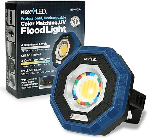 NextLED NT-1010UV Rechargeable Car Detailing Light/LED Work Light, CRI 95, 4 Color Temps, UV Light, 2000 Lumen, IP-65, Magnetic LED Mechanics Work