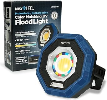 NextLED NT-1010UV Rechargeable Car Detailing Light/LED Work Light, CRI 95, 4 Color Temps, UV Light, 2000 Lumen, IP-65, Magnetic LED Mechanics Work Light, Paint Color Match Light, Gift for Mechanic