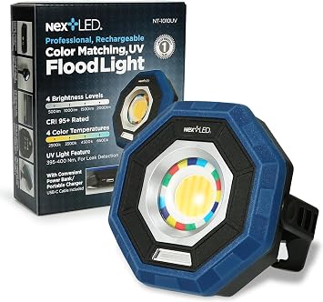 NextLED NT-1010UV Rechargeable Car Detailing Light/LED Work Light, CRI 95, 4 Color Temps, UV Light, 2000 Lumen, IP-65, Magnetic LED Mechanics Work Light, Paint Color Match Light, Gift for Mechanic