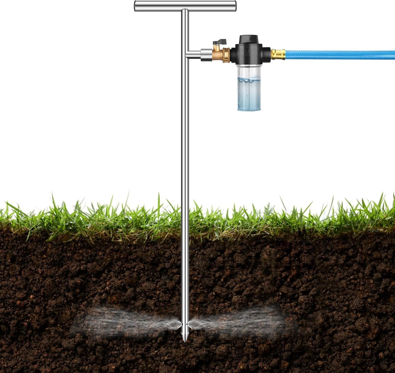 Deep Root Watering Tool for Trees & Plants, Tree Watering Spike, Stainless Steel Root Feeder with Fertilizer Bottle for Tree Watering Irrigation System with Brass Valve, T-Handle