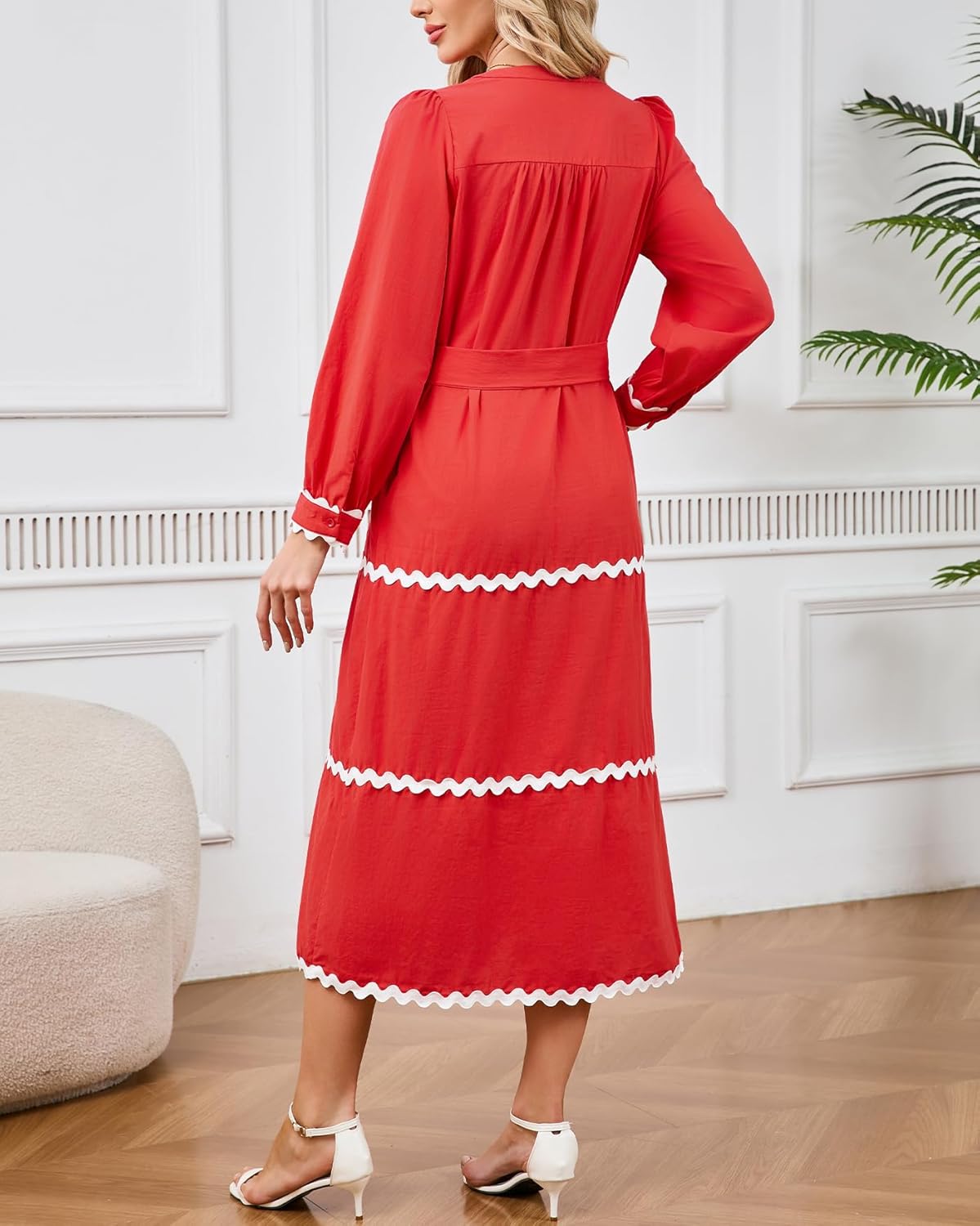 Women Button Up Long Sleeve Belted Midi Dress Elegant RIC Rac Tie Waist A-Line Dress with Pockets - Image 6