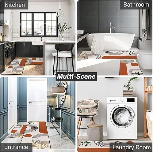 Miniatura 5 de Juego de 2 alfombras y tapetes de cocina bohemios de mediados de siglo para el hogar, antideslizantes, lavables, tapetes bohemios para piso,