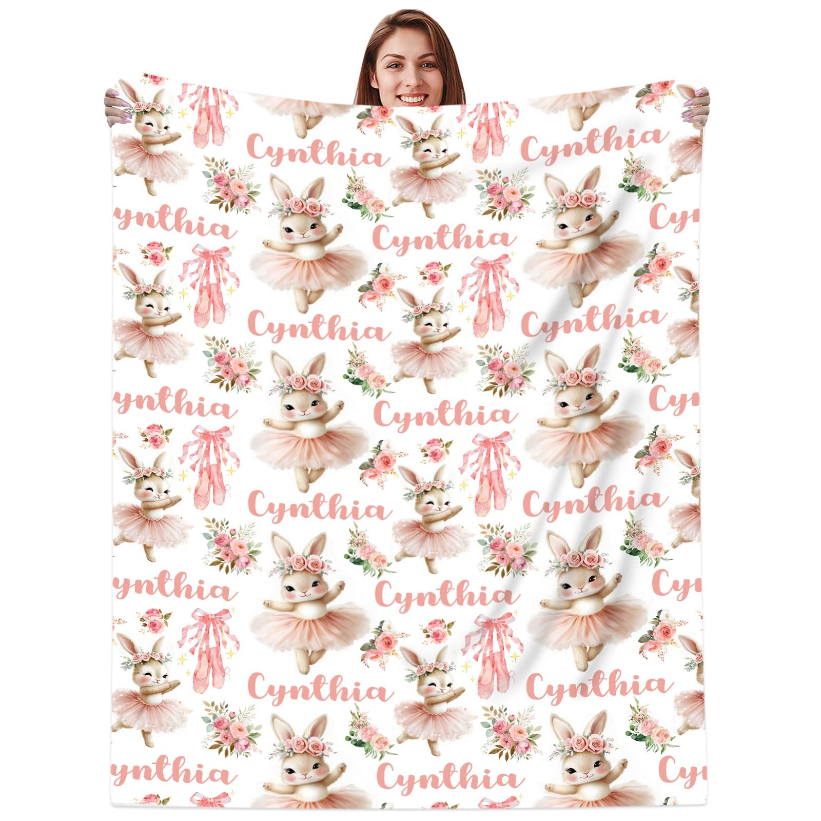 MJARTORIA Personalised Nane Blanket, Customised Baby Blanket with Name Text for Girl Adult Soft Rabbit Rainbow Elephant Blanket 100cm/150cm/200cm (Rabbit 5)