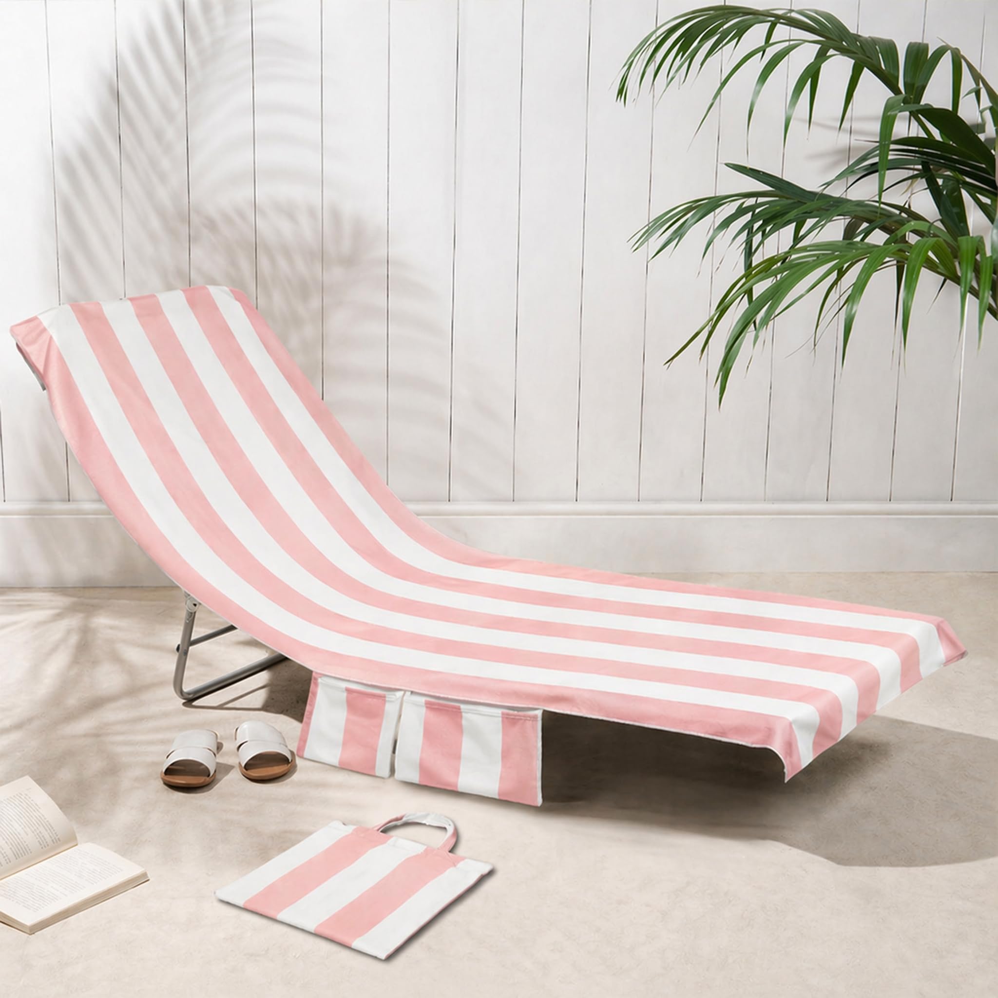 Olivia Rocco Sun Lounger Beach Towels Soft Quick-Dry Sand Free Absorbent Sun Bed Towel with Pockets Lightweight Large Beach in a Bag Holiday, Stripe Pink