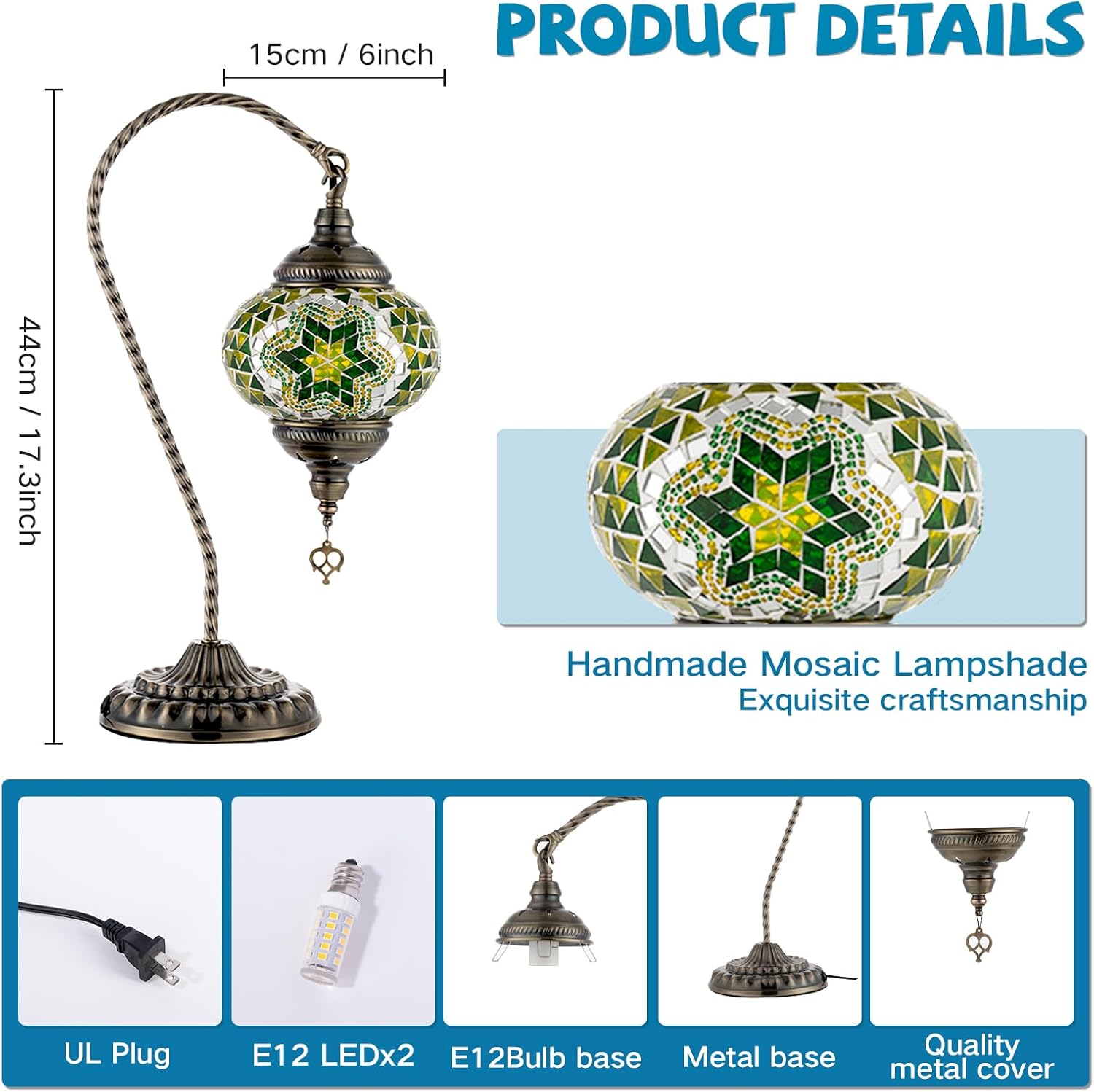 GOGERS Swan Neck Turkish Moroccan Lamp Handmade Stained Mosaic Glass Vintage Lamp Shade Bohemian Tiffany Style Bedside Night Lamp Lighting for Bedroom Living Room (Green)