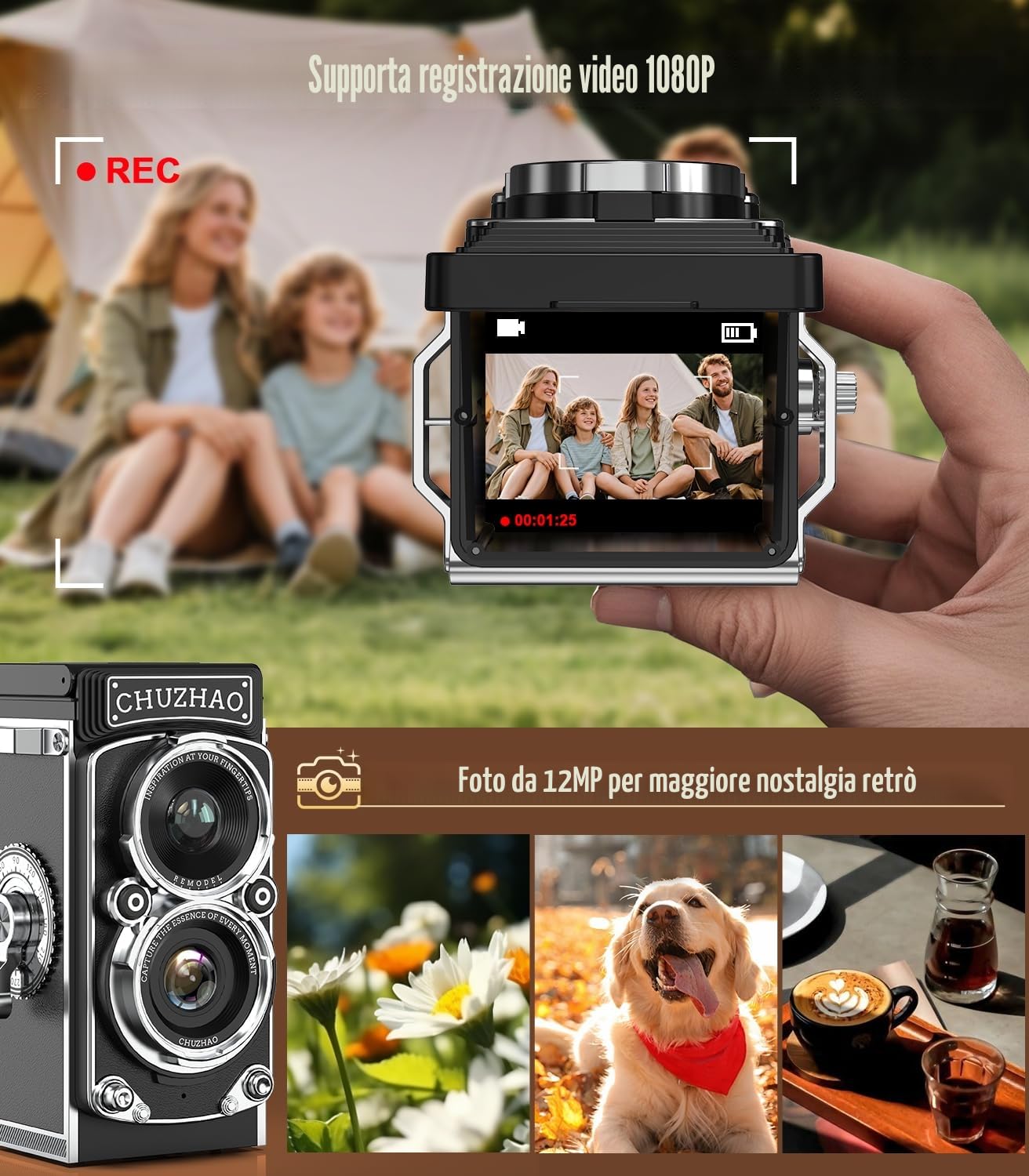 CHUZHAO Mini fotografica retrò vintage 12 MP 1080P FHD fotocamera digitale TLR autofocus fotografiche con scheda di memoria da 16 GB macchina fotografica portatile compatta per bambini, adolescenti