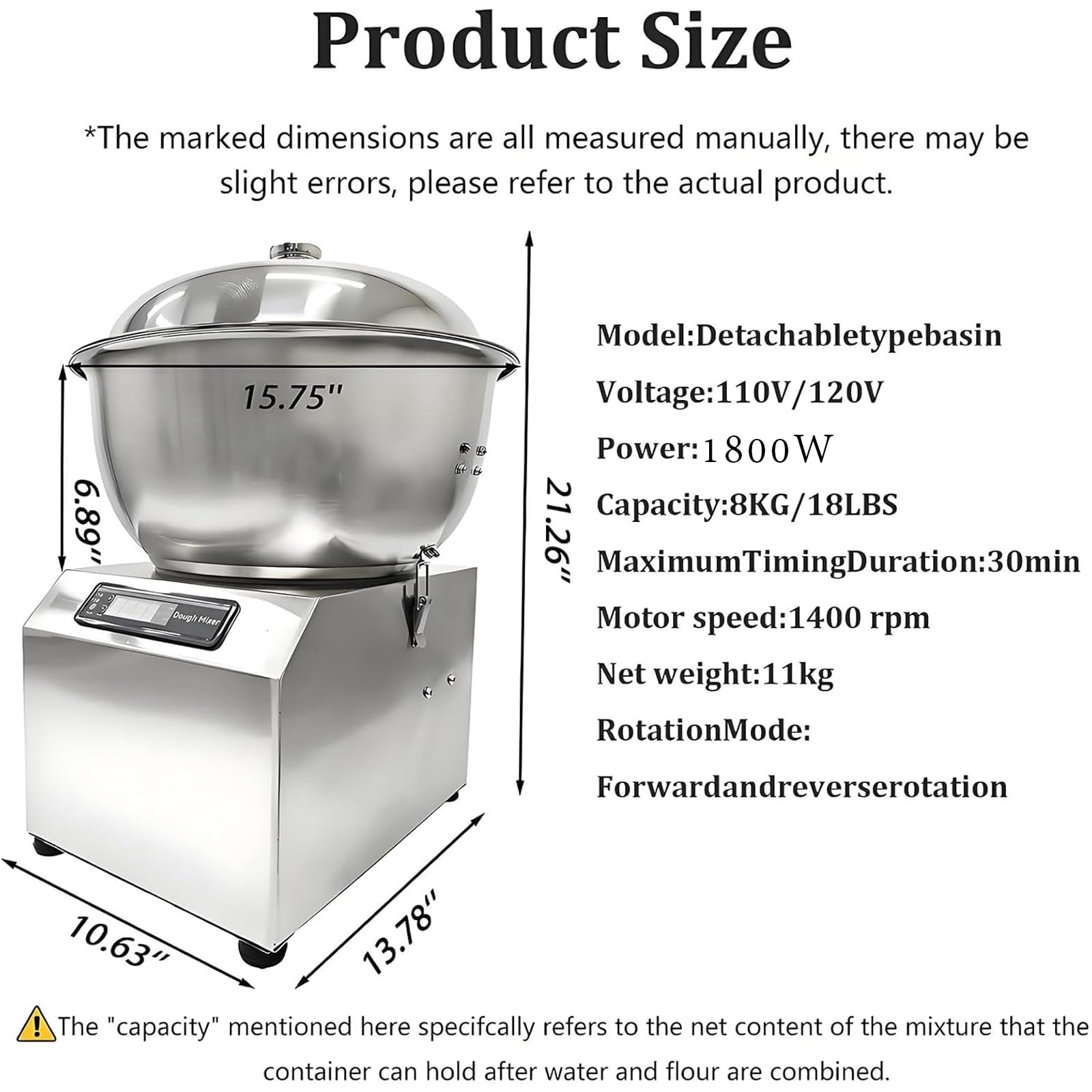 Teigknetmaschine 5 kg/8 kg, Doppelrotations-Knetmaschine mit Timer und Touch-Steuerung, Mehlknetmaschine mit großem Fassungsvermögen für Bäckerei, Pizza, Brot und Gebäck