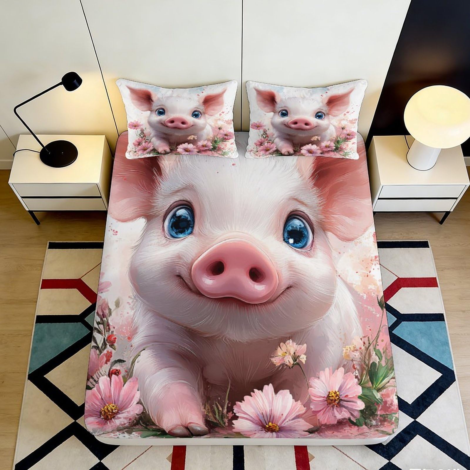 3D Printed Cute Pig Floral Fitted Sheet Microfiber Soft Breathable Pink Piglet Bed Cover for Bedroom Guest Room Decor 90x200x25cm