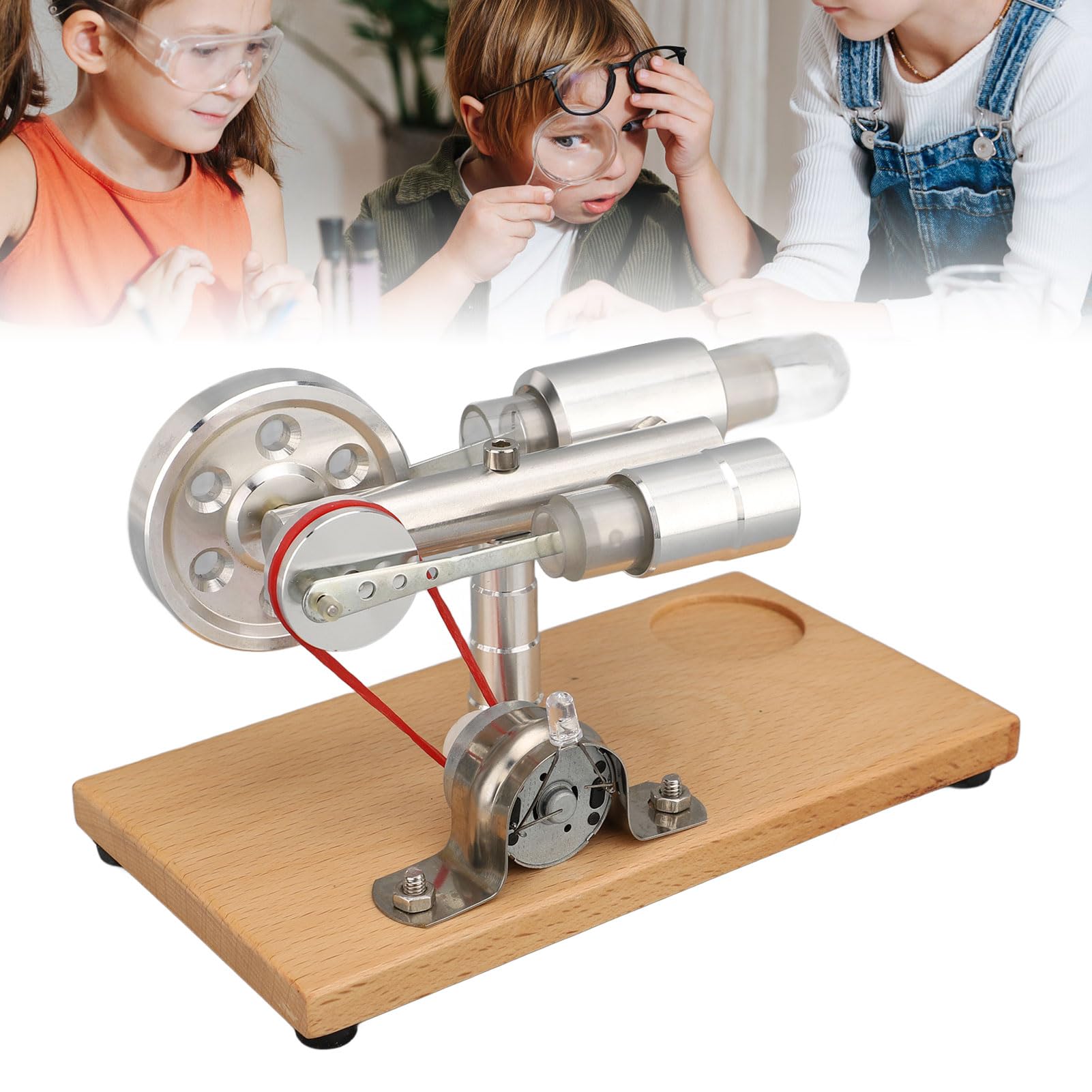 Motor Stirling, Iluminación LED Alimentada por Alcohol Modelo de Motor Stirling de Fácil Operación, Generador de Electricidad con Cuerpo de Aleación de Aluminio de Madera de Pino para