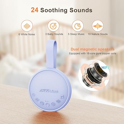 Miniatura 7 de Máquina de ruido blanco para adultos y bebés dormidos, máquina de sonido portátil con 24 sonidos relajantes, Bluetooth 5.1, funciona con pilas, 3