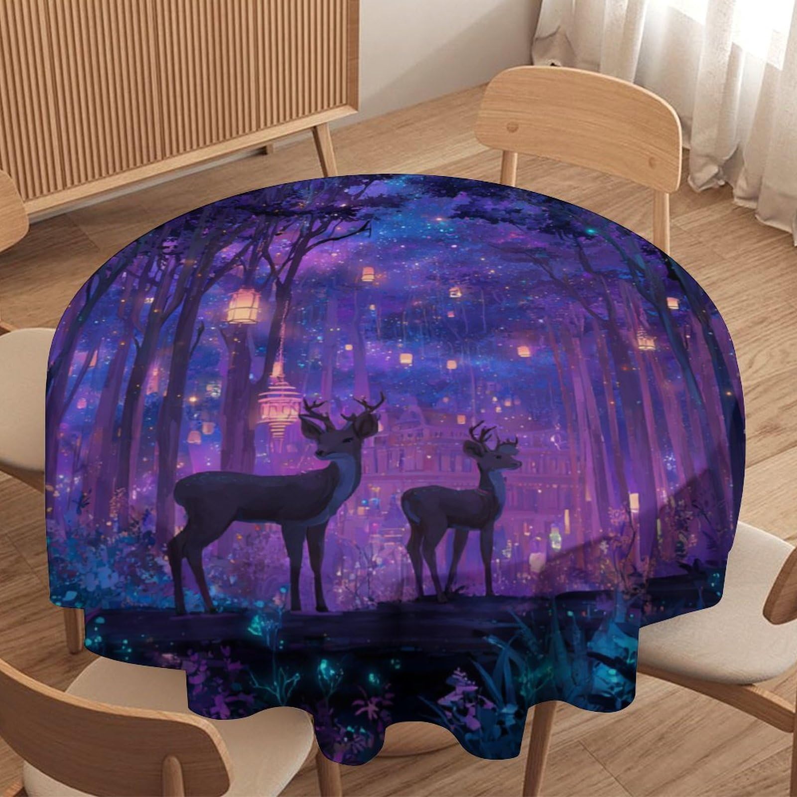 LUYYSKY Funny Natural Animal Deer Waterproof Round Tablecloth Modern Art Night Purple Starry Sky Enchanted Forest Elk Print Washable Table Cover for Kitchen-177.8" Wx177.8 L cm