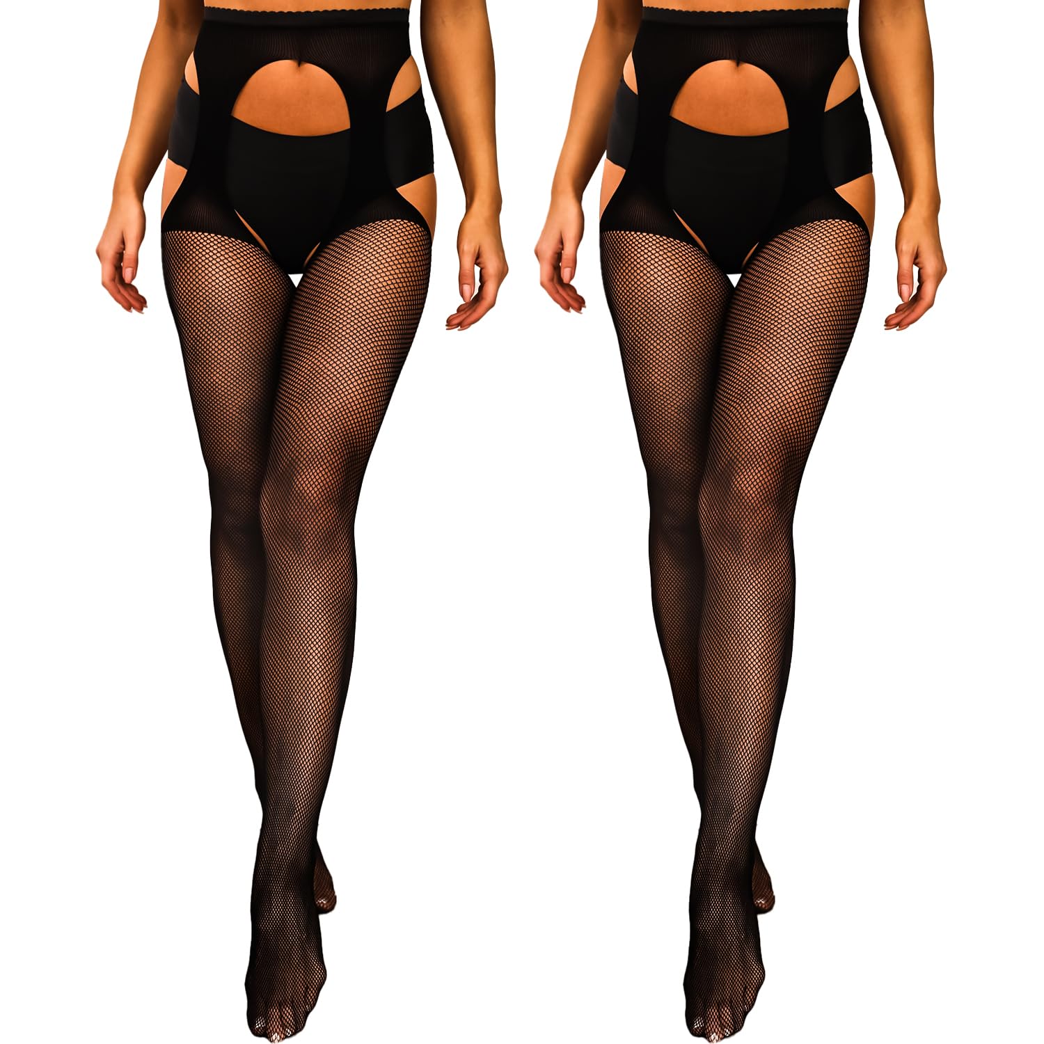 K Bkvava Women's Solid 2 Pairs Garter Belt Fishnet Tights Stockings Suspender Pantyhose For