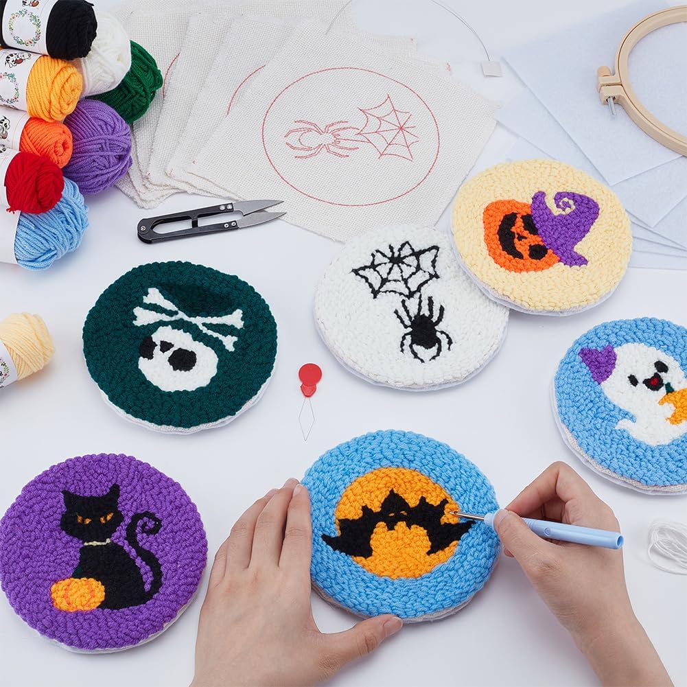 ORIGACH 6 Set Halloween Punch Needle Coasters Kit for Beginners Adult