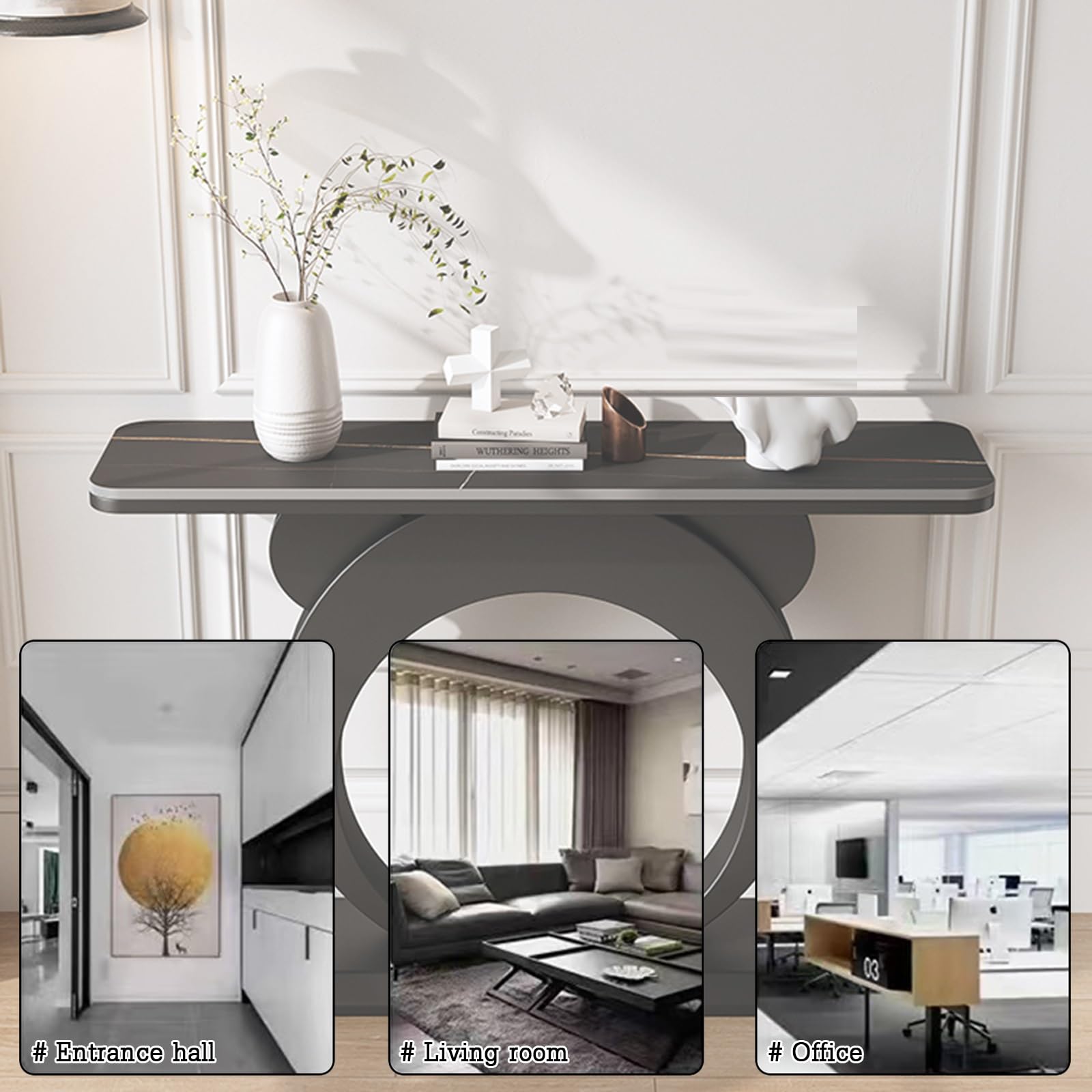 Table d'entrée étroite avec 2 niveaux de rangement, base en métal, plateau en bois pour couloir, salon