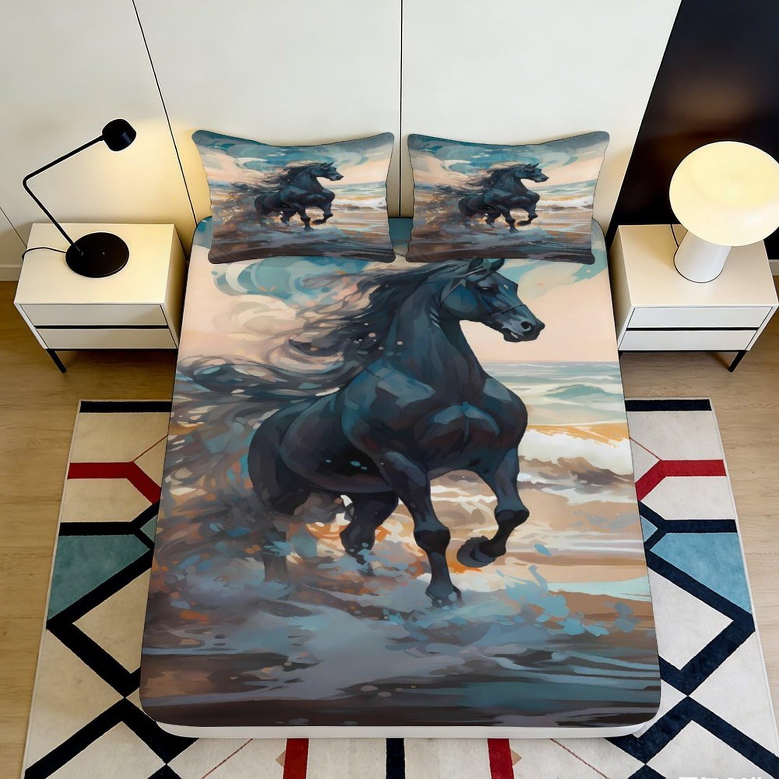 3D Printed Horse Fitted Sheet Microfiber Deep Pocket Non-Slip Bedroom Bedding Horse Mattress Fitted Cover Adults Teens 200x200x25cm 90x200x25cm