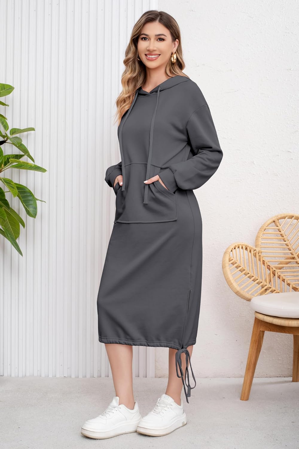 ebossy Women's Casual Loose Solid Color Drawstring Hoodie Fall Warm Cotton Sweatshirt Maxi Dress with Pocket - Image 5