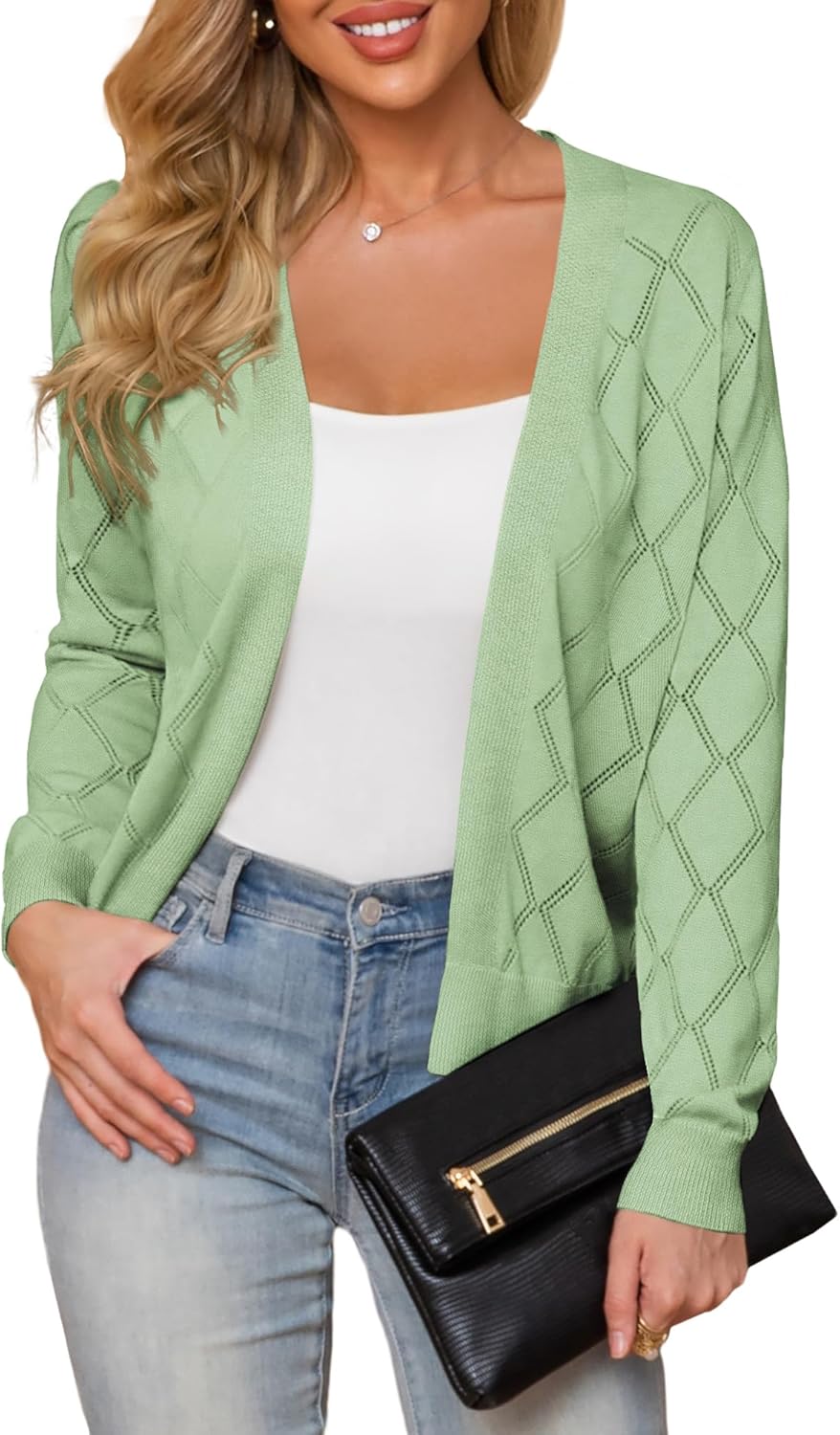 Women's Cardigan Sweaters Lightweight Open Front Long Sleeve Hollow Out (S-2X)