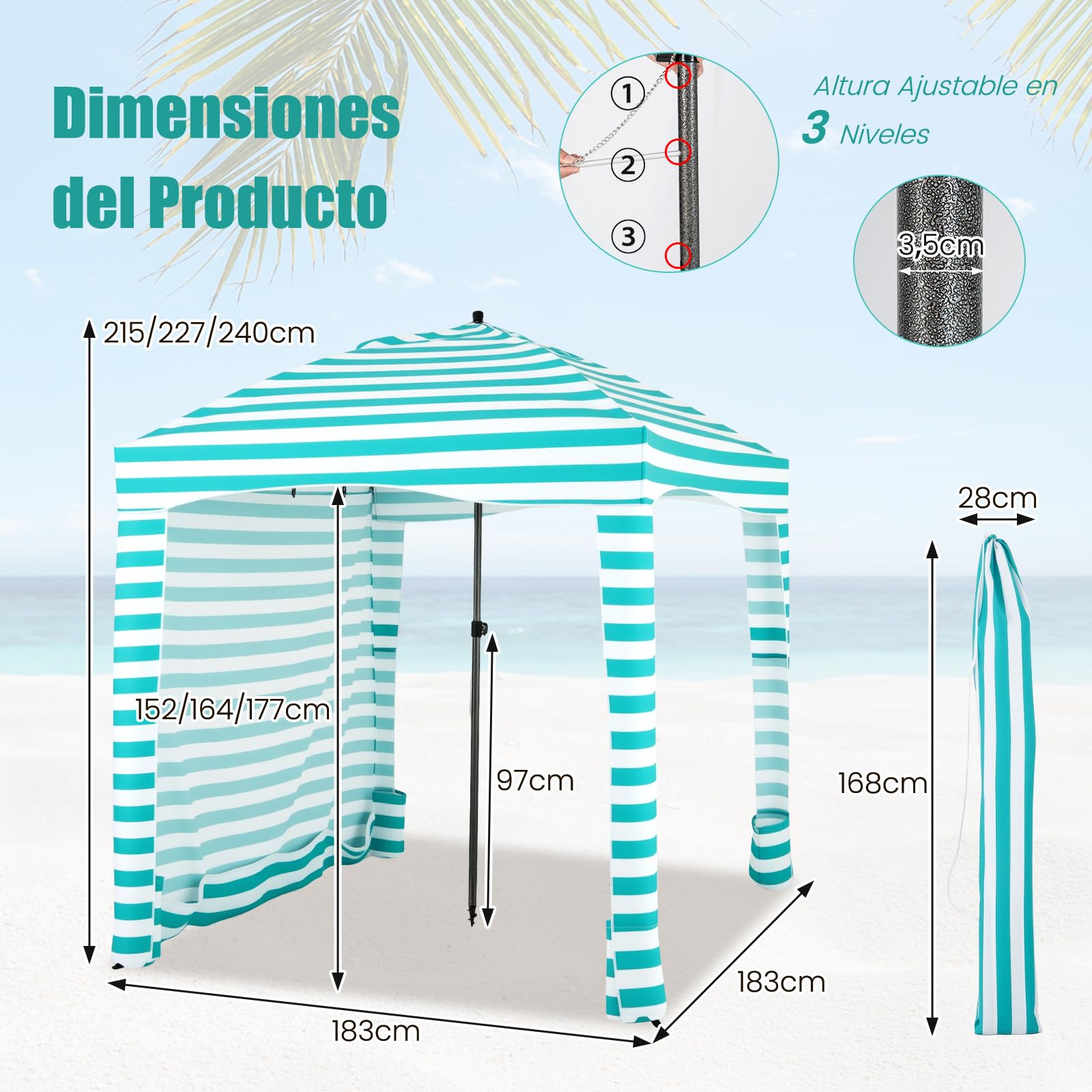 GOPLUS Tienda de Playa, 183x183x240cm Sombrilla de Playa Ajustable en Altura con Pared Lateral Desmontable, 8 Sacos de Arena y Bolsa de Transporte, Protección Solar para Camping Picnic Pesca (Verde)