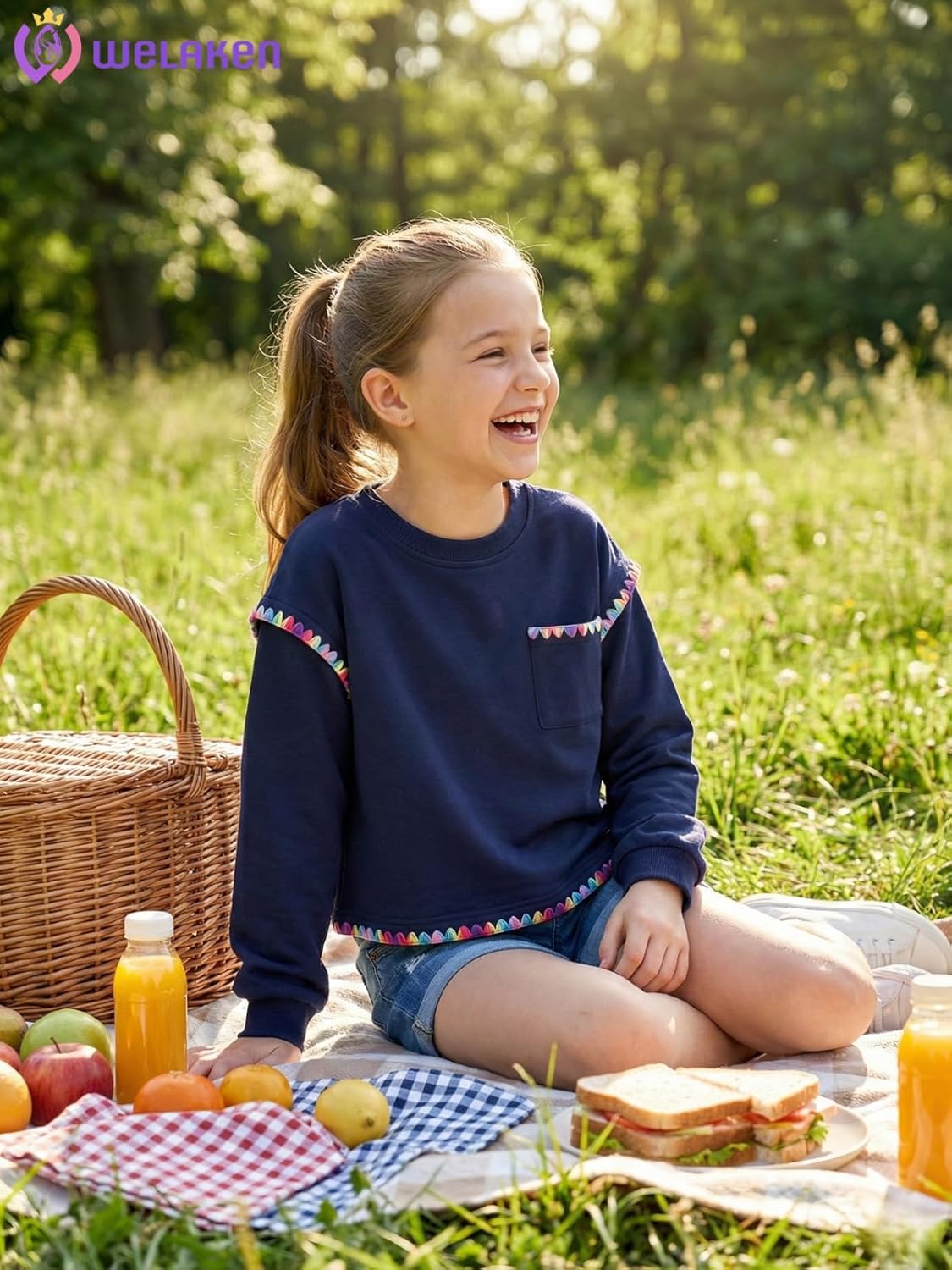 WELAKEN Girls Sweatshirt – Long Sleeve Cropped Pullover with Rainbow Trim and Pocket - Image 3