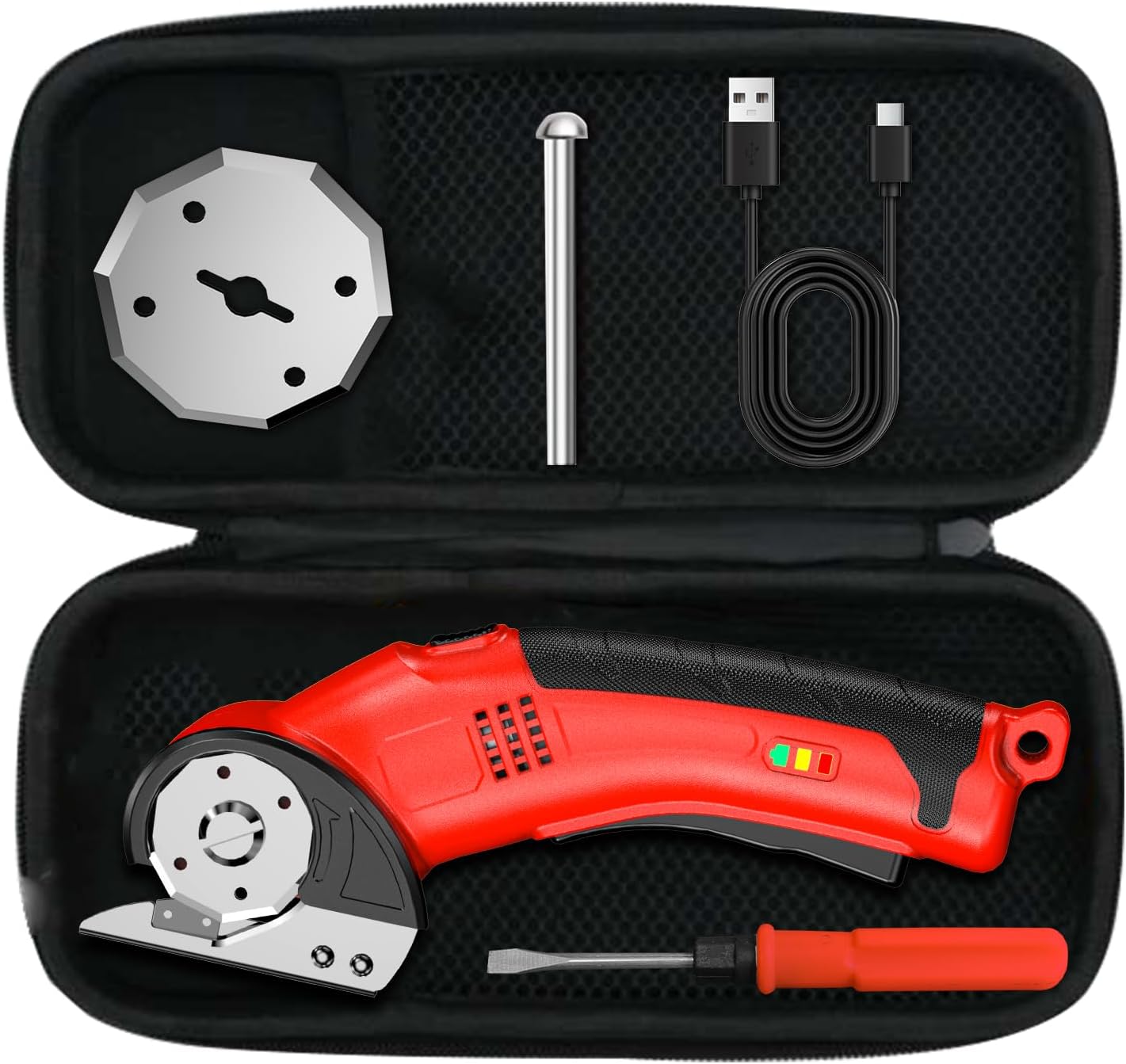 Cordless Electric Scissors, Cardboard Cutter Electric & Box Cutter Electric Tool with 2 Blades, Electric Box Cutter for Fabric, Leather, and Carpet, with Safety Lock & Storage Box(Red)