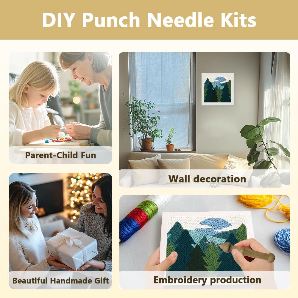 Doodlream Pine Tree Forest DIY Punch Needle Embroidery Kit for Adult Beginner, 9.4" Tree Mountain Sun Punch Stitching Craft Set for Starter with Frame,Fabric Pattern,Threader, Yarn, Pinch Needle