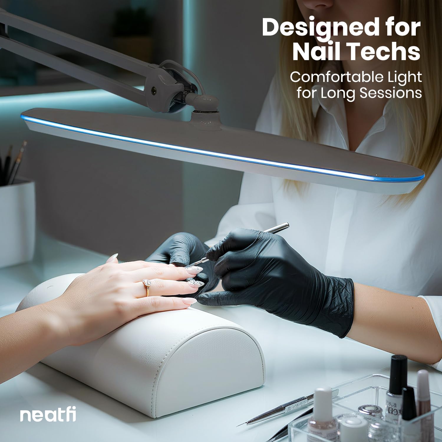 Neatfi XL Lampada da Scrivania LED 2.200 Lumen 24W – Testa Extra Larga 58 cm | Luce Dimmerabile Eye-Caring | Braccio Regolabile | Ufficio, Studio, Hobby e Nail Tech (Nero, Non-CCT con morsetto)