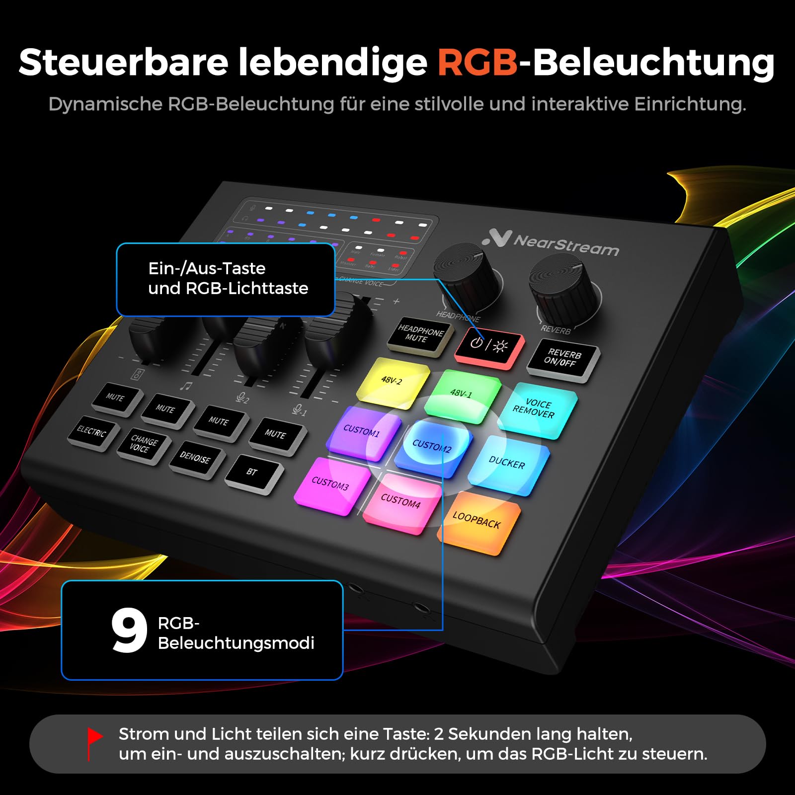 NearStream Mikser audio dla graczy z profesjonalnym przedwzmacniaczem mikrofonowym, dwoma wejściami XLR/6,35 mm, zasilanie fantomowe 48 V, RGB, zniekształcacz głosu, Soundpady – interfejs audio do