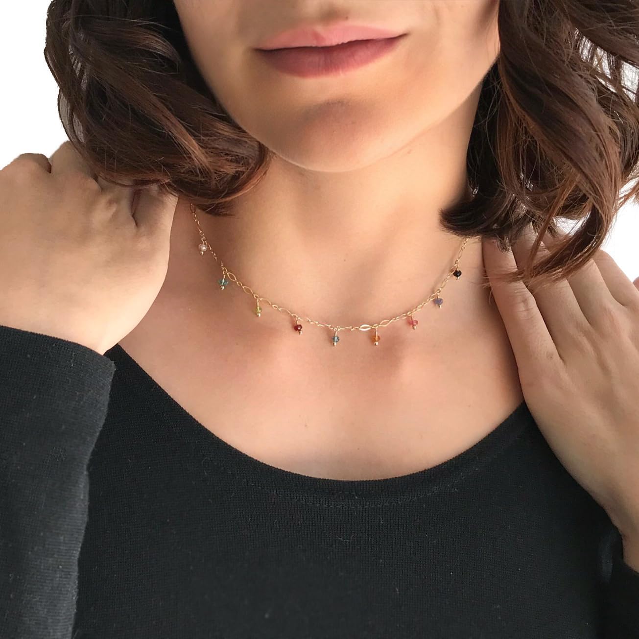 Austin Down to Earth - Handmade - Multicolor Necklace - Multi Gemstone Necklaces for Women - Colorful Choker Necklace - Tourmaline, Topaz, Peridot, Citrine, Ruby, Moonstone