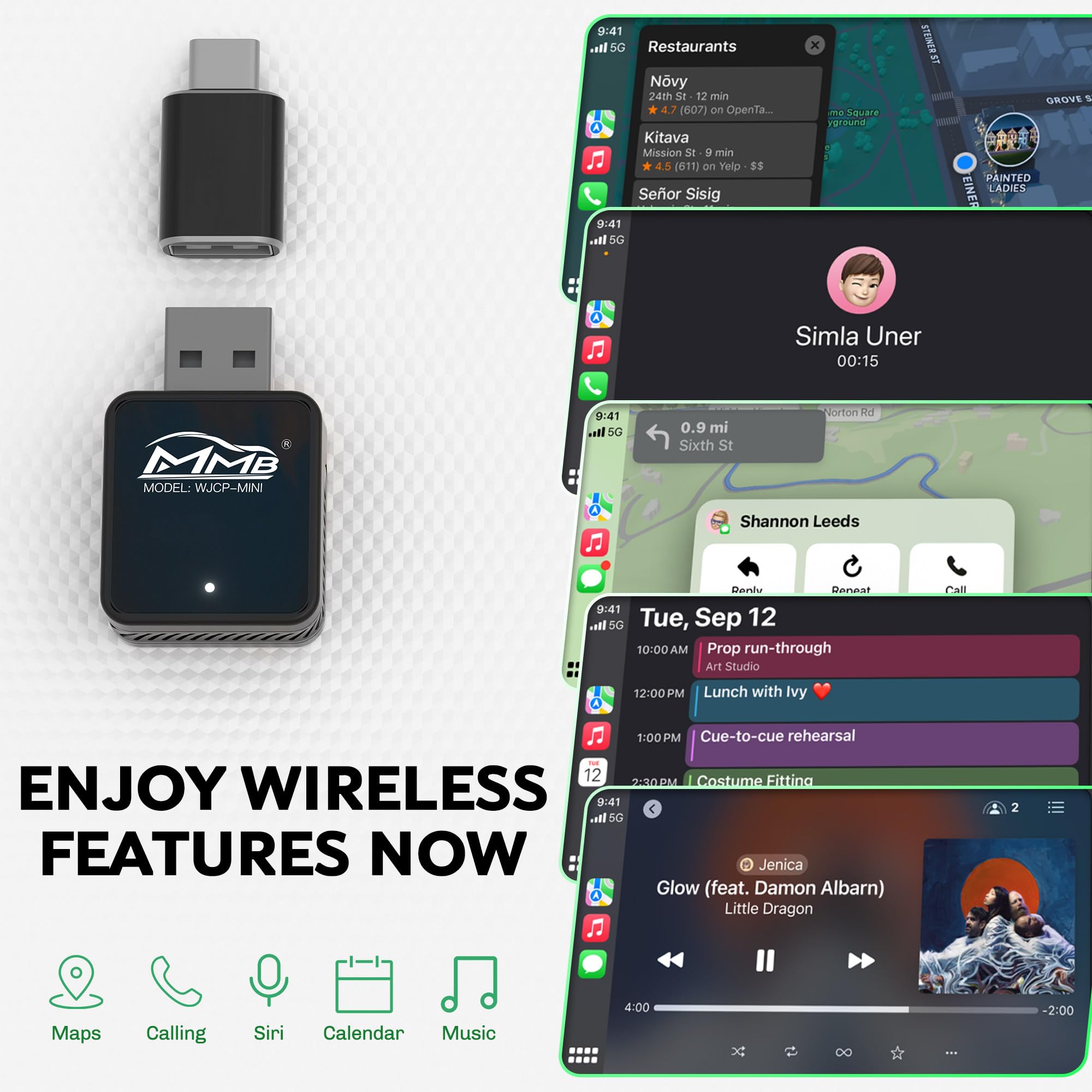 MMB WJCP-MINI - Adattatore wireless CarPlay 2024 Upgrade Wireless CarPlay Adapter Dongle, converte CarPlay Cablato in fabbrica in spina e gioco senza fili, con auto CarPlay e iOS 10+