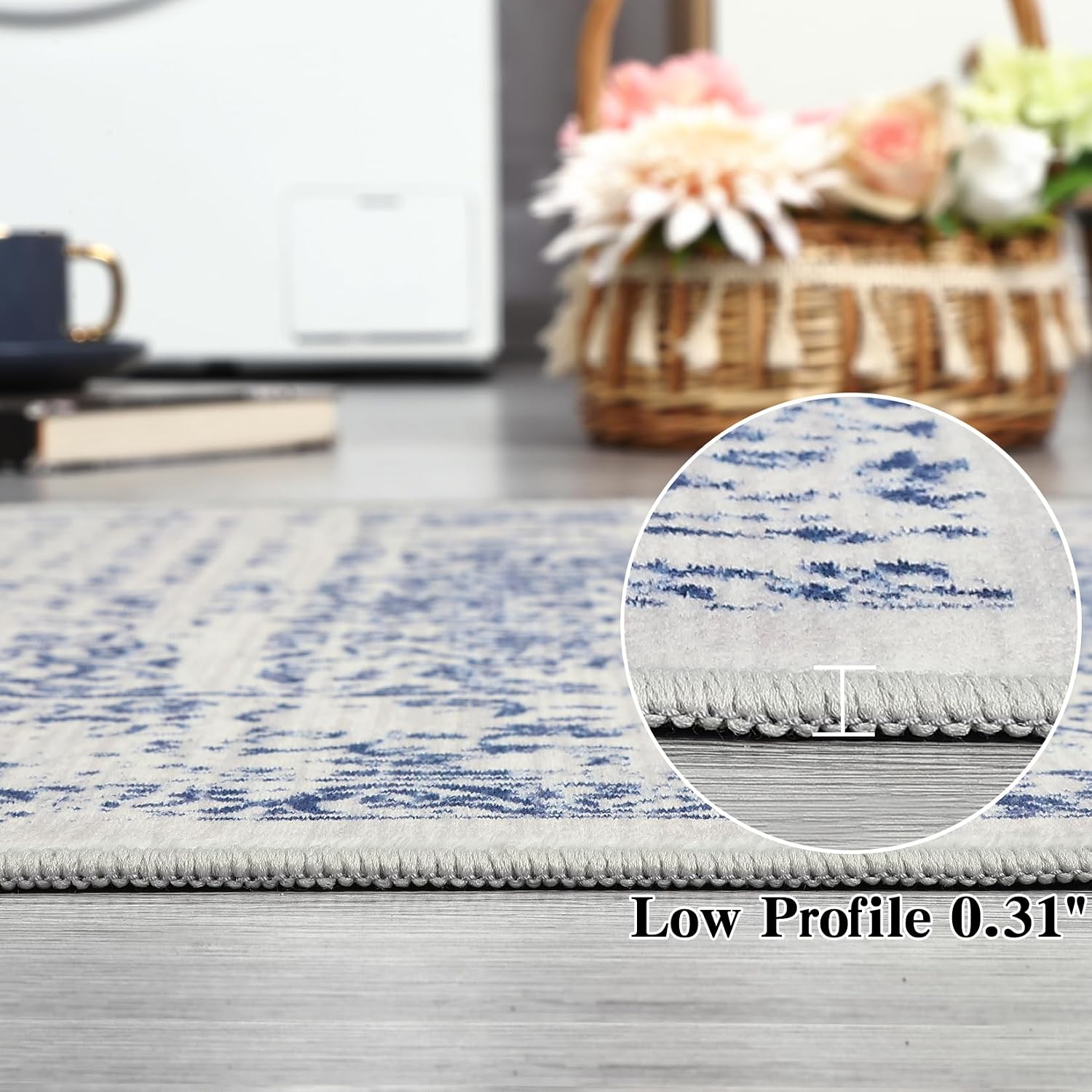 Vintage Washable Living Room Rug 5x7 Area Rugs Blue Distressed Rugs for Bedroom Dining Room Low-Pile Non-Slip Floral Retro Oriental Soft Large Indoor Floor Carpet Rug