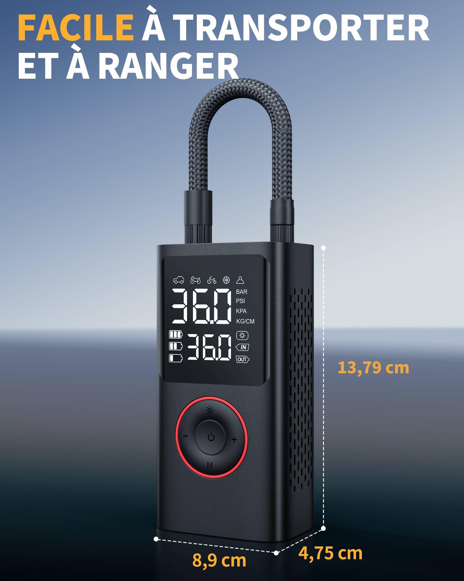 Powools Gonfleur Pneus Voiture Sans Fil – Compresseur à Air Portatif 150 PSI avec Arrêt Automatique & Lumière LED, Pompe à Vélo Électrique pour Voiture, Moto, Vélo, Ballon, 8.90 X 4.75 X 13.79 CM